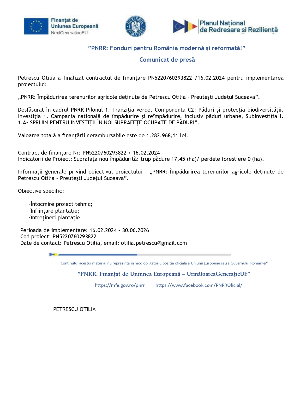 Un document de presă de la instituții românești care anunță încheierea unui contract de finanțare pentru un proiect de împădurire a terenurilor din județul Suceava. Documentul include logo-uri, text și date de contact.