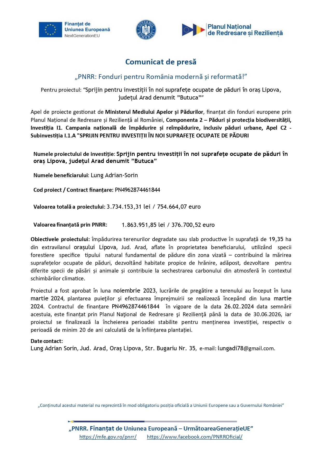 Comunicat de presă în limba română, cu sigla guvernului și a UE în partea de sus și antet albastru. Textul detaliază finanțarea investițiilor pentru terenuri neîmpădurite în Lipova, Arad, ca parte a programului PNRR, cu informații despre proiect și de contact.