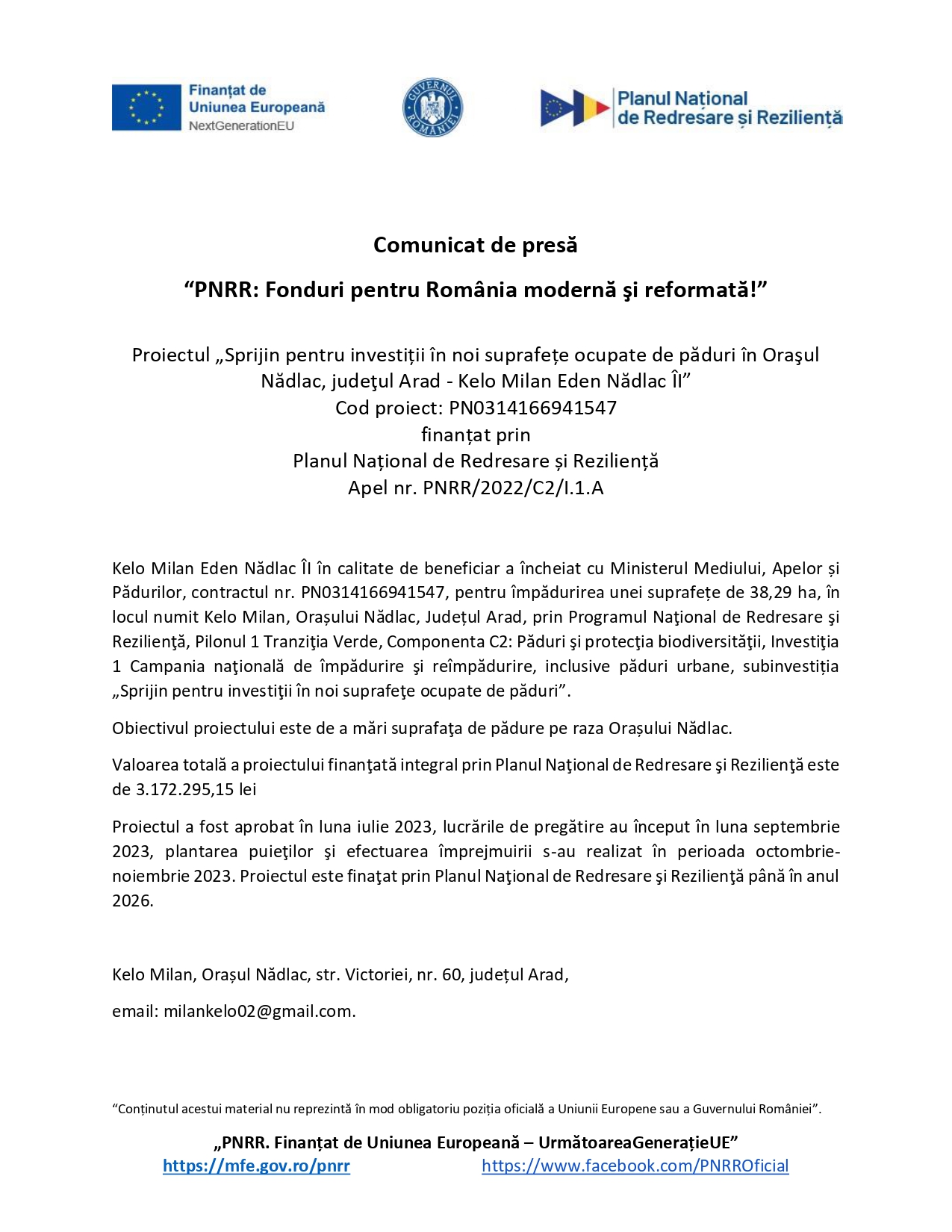 Un document de presă în limba română cu logo-urile Uniunii Europene și Guvernului României în partea de sus. Documentul oferă informații despre un proiect de investiții forestiere în orașul Nădlac, județul Arad.