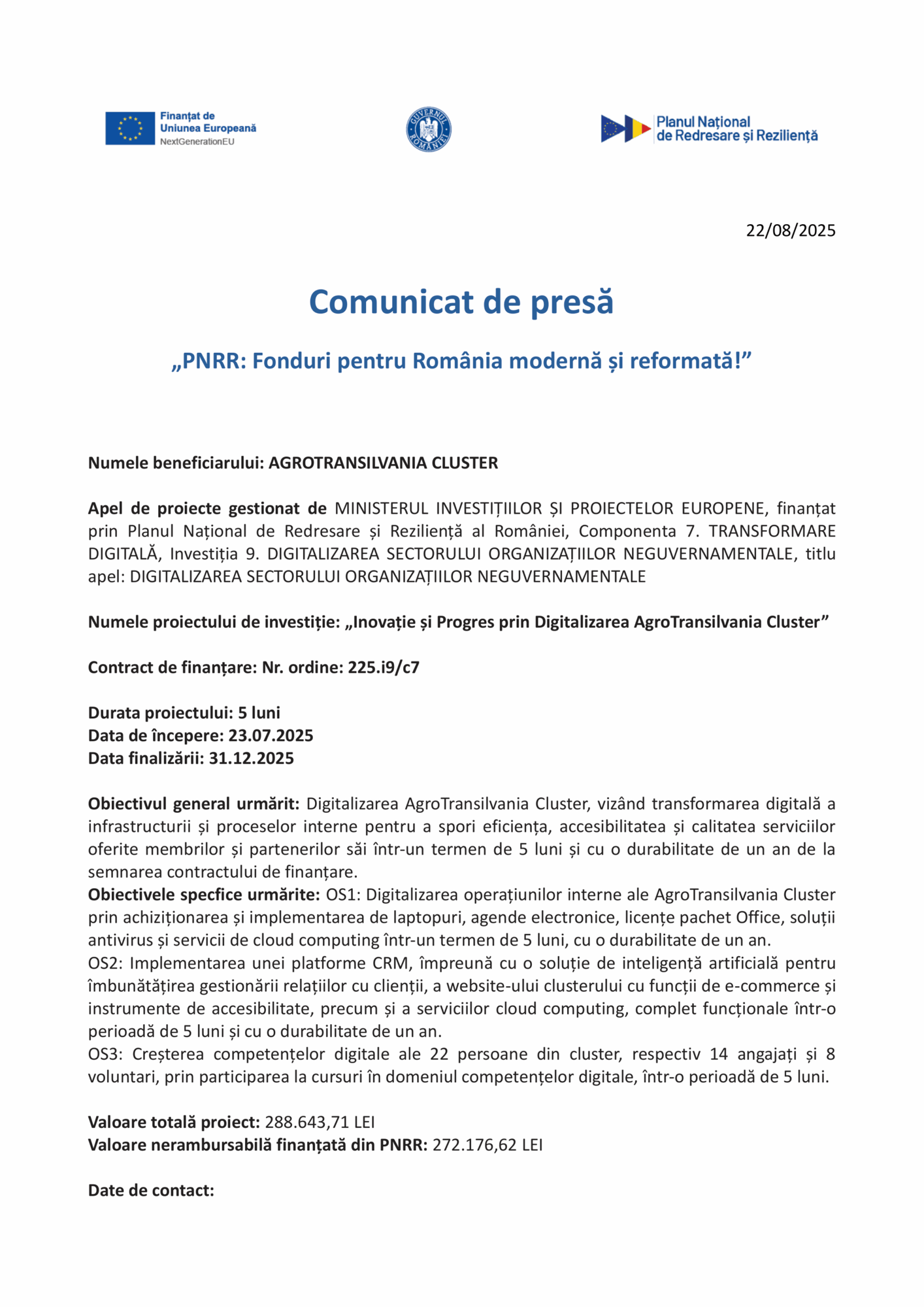 Communicat de presă în limba română, cu siglele oficiale în antet, intitulat despre finanțarea transformării digitale pentru Test Product 1 Image Upload NU STERGE, incluzând obiectivele proiectului, suma finanțată și datele relevante.