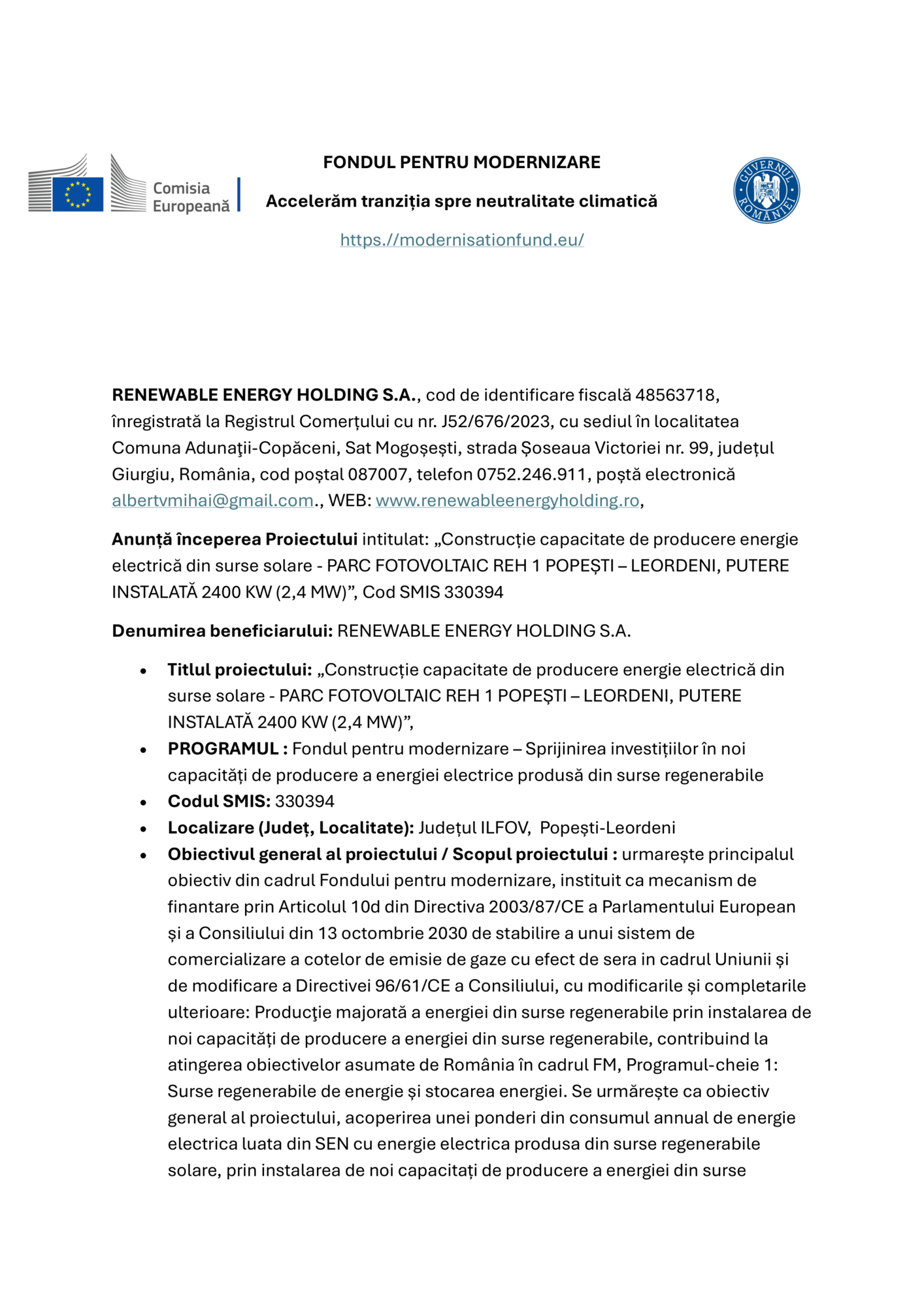 Un document al Comisiei Europene și al Fondului pentru Modernizare prezintă Test Product 1 Image Upload NU STERGE by Renewable Energy Holding S.A., oferind detalii tehnice, juridice și financiare pentru un parc fotovoltaic în Leordeni, România.