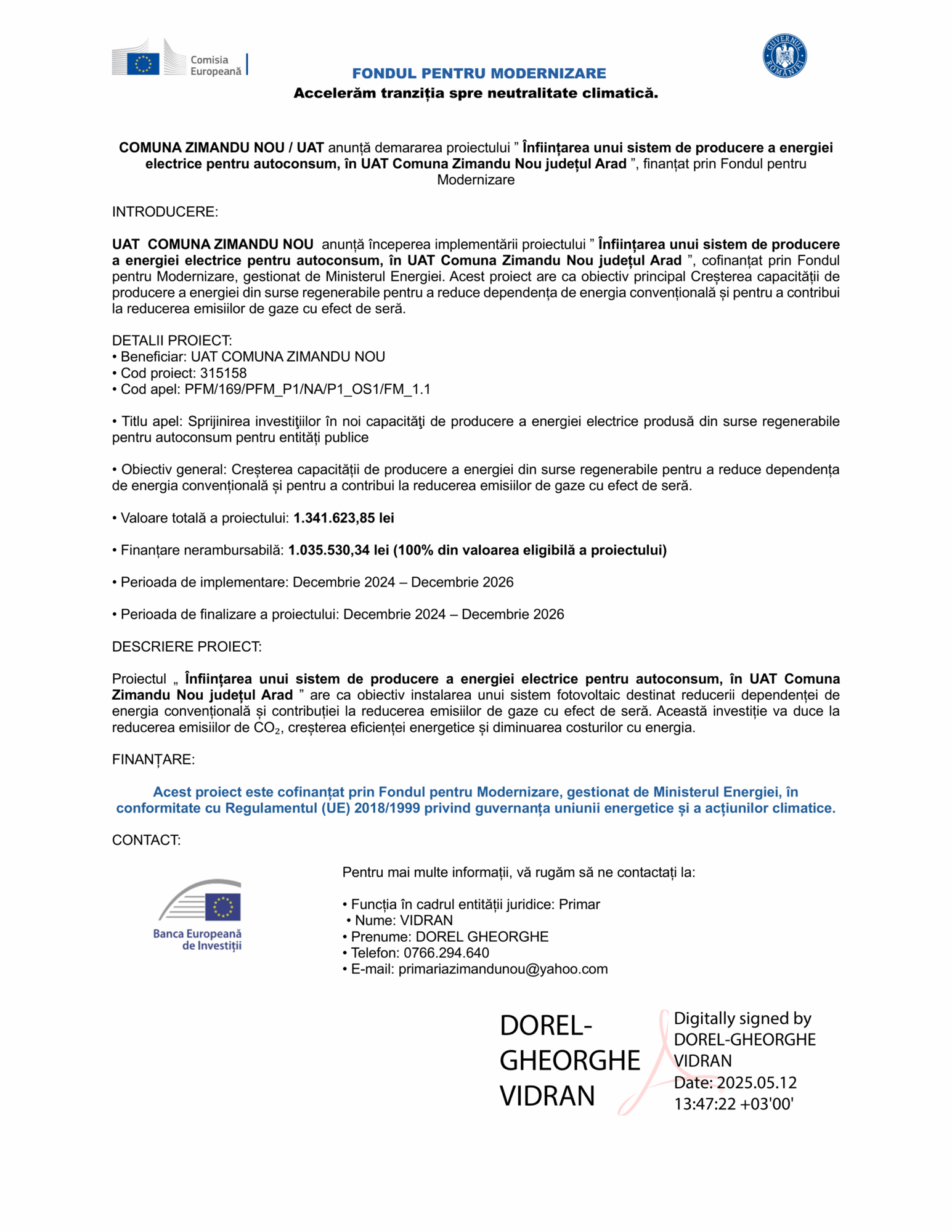 Document oficial care anunță lansarea proiectului de eficiență energetică „Test Product 1 Image Upload NU STERGE” în Zimandu Nou, Arad, axat pe instalarea de panouri solare, cu detalii despre proiect, informații de contact și semnătură digitală.