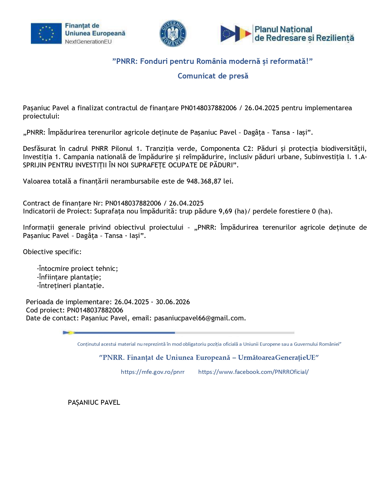 Comunicat de presă în limba română pe antet oficial de la Administrația Financiară a României, care detaliază un proiect privind îmbunătățirea proprietăților funciare în Pașcani Pavel - Dăgâța - Tansa - Iași, emis la 26 aprilie 2025.