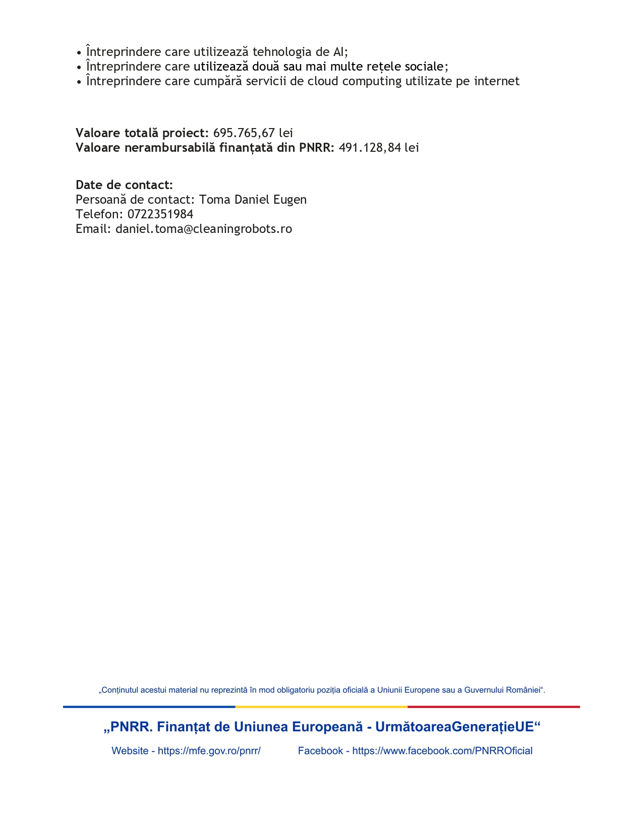 ANUNŢ DE LANSARE A PROIECTULUI” Digitalizarea companiei ROBOTIC CLEANING SOLUTIONS S.R.L 2