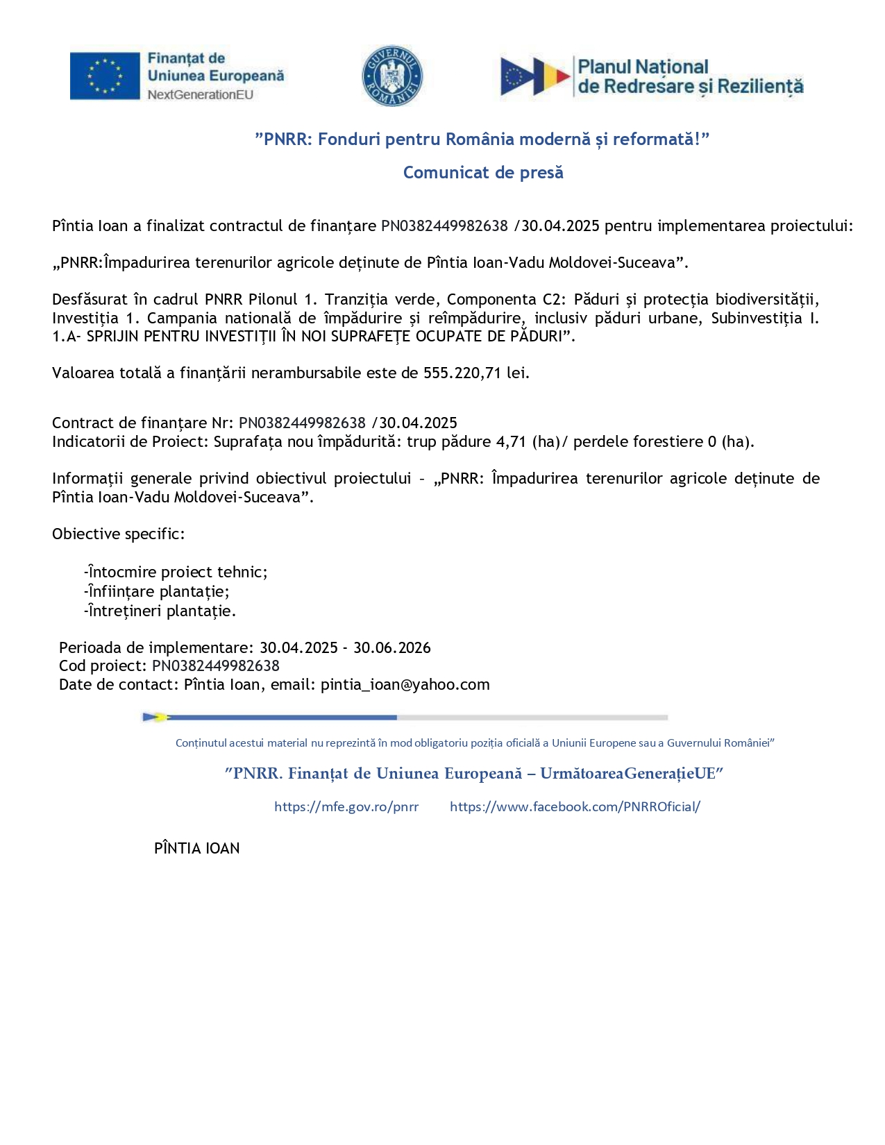 Un document de presă în limba română, cu logo-uri în partea de sus. Textul anunță finanțarea unui proiect forestier în Suceava, detaliind obiectivul proiectului, numărul contractului, valoarea și datele de contact.