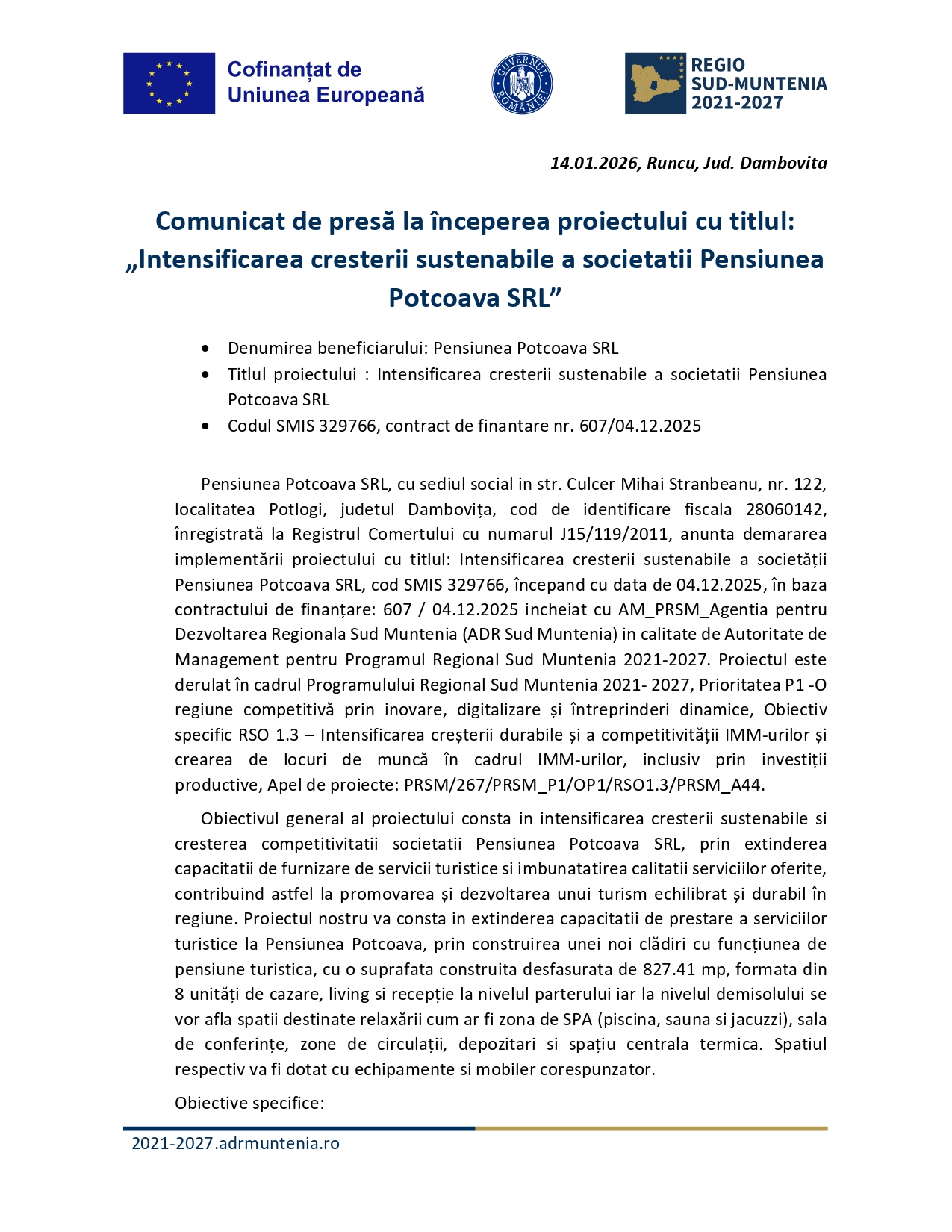 Un comunicat de presă în limba română pe hârtie albă cu antete și text albastre, cu logo-urile UE și de dezvoltare regională în partea de sus și informații detaliate despre proiectul Pensiunea Potcova SRL.