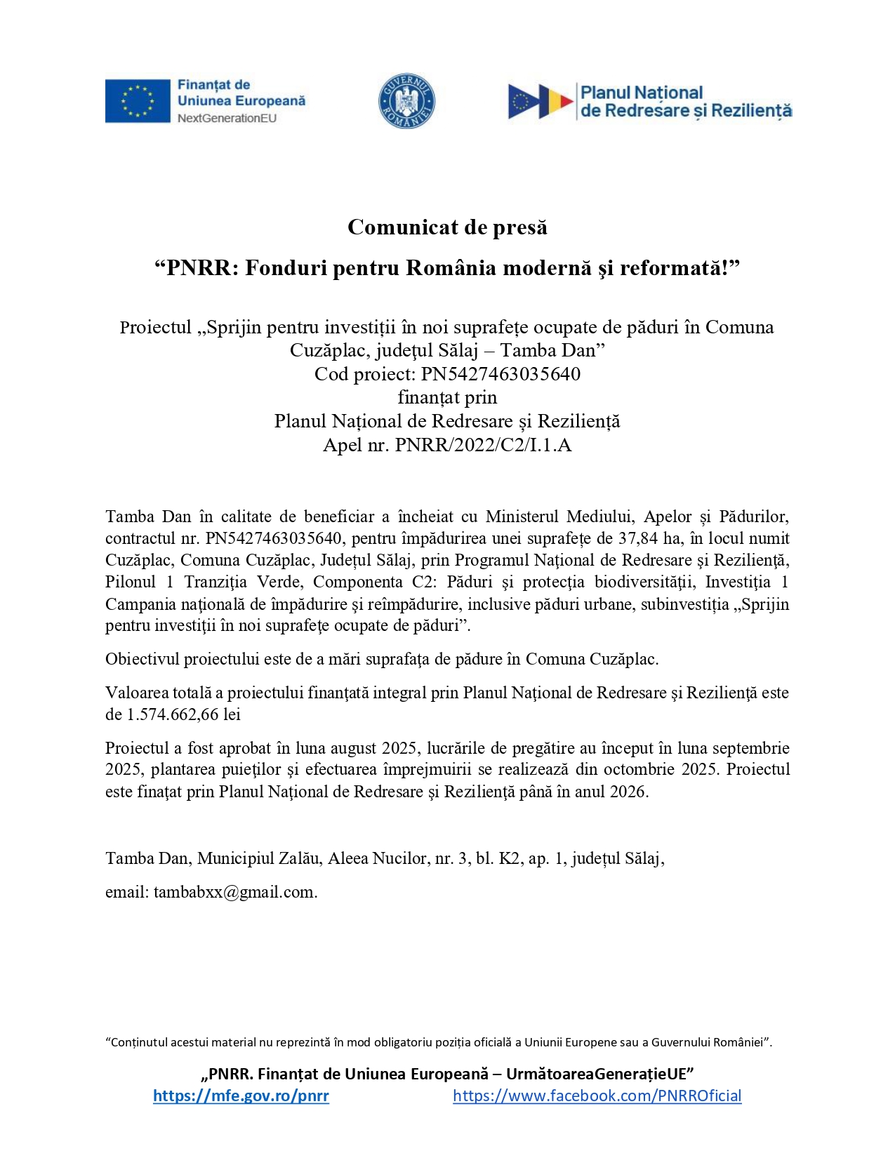Un comunicat de presă românesc cu logo-uri în partea de sus, intitulat despre finanțarea României moderne și reformate, cu detalii despre proiect, informații de contact și un link web în partea de jos.