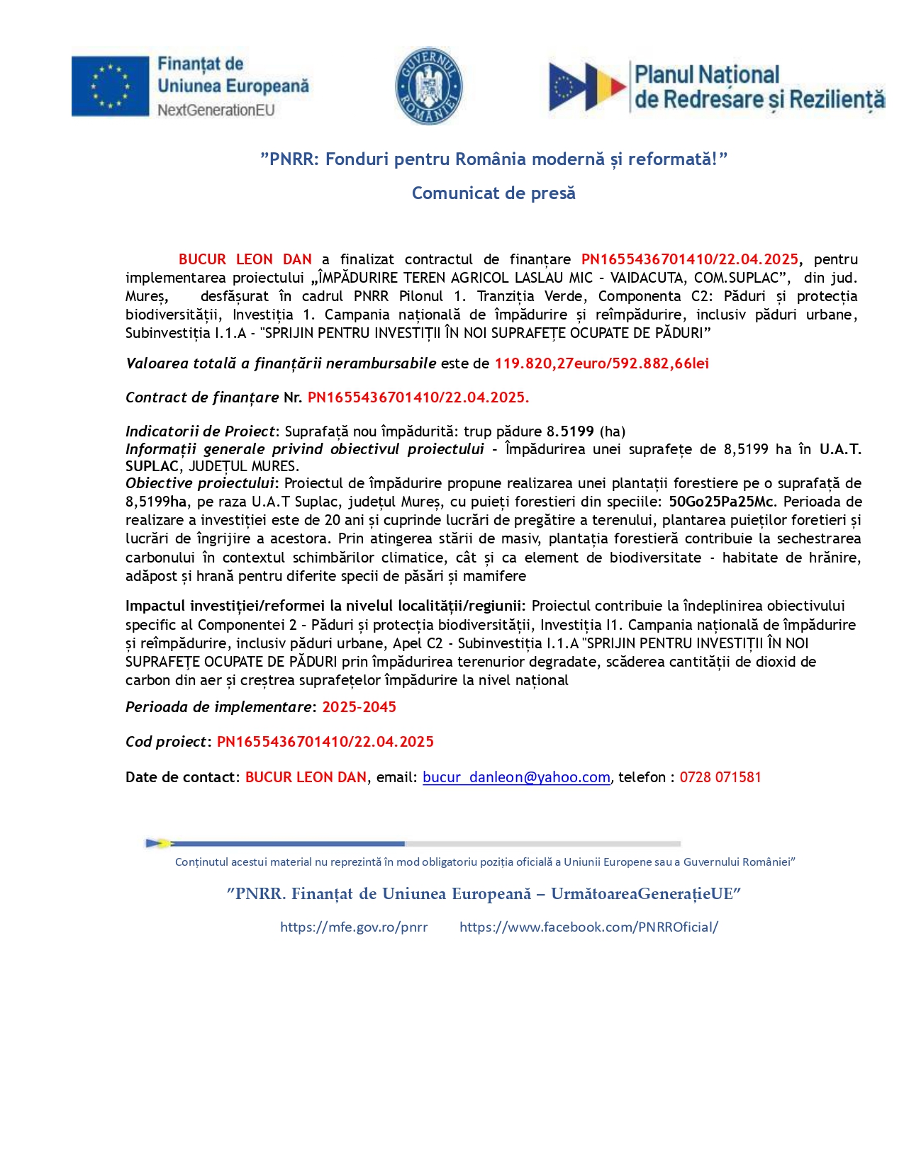 Un comunicat de presă al guvernului român anunță un contract de finanțare pentru un proiect privind terenurile agricole. Acesta conține logo-uri, titluri cu caractere îngroșate, numere de referință, detalii despre proiect, informații de contact și link-uri web/social media.