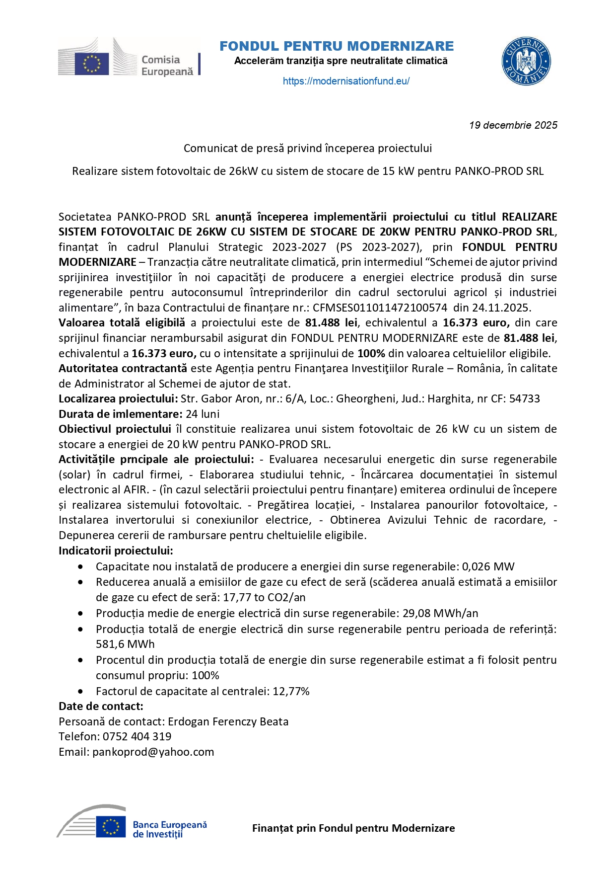 Comunicat de presă în limba română de la PANKO-PROD SRL privind demararea unui proiect de instalații fotovoltaice, cu logo-urile UE și de finanțare în partea de sus și de jos și text negru pe fundal alb.