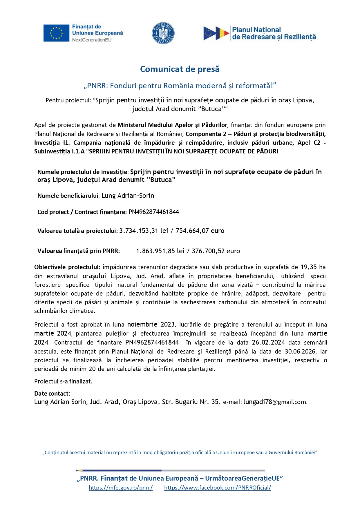 Un document de presă românesc cu logo-uri în partea de sus și informații detaliate despre un proiect de investiții în terenuri forestiere în Lipova, județul Arad, inclusiv date financiare, beneficiar Lung Adrian-Sorin, PN4962874461844, și descrierea proiectului.
