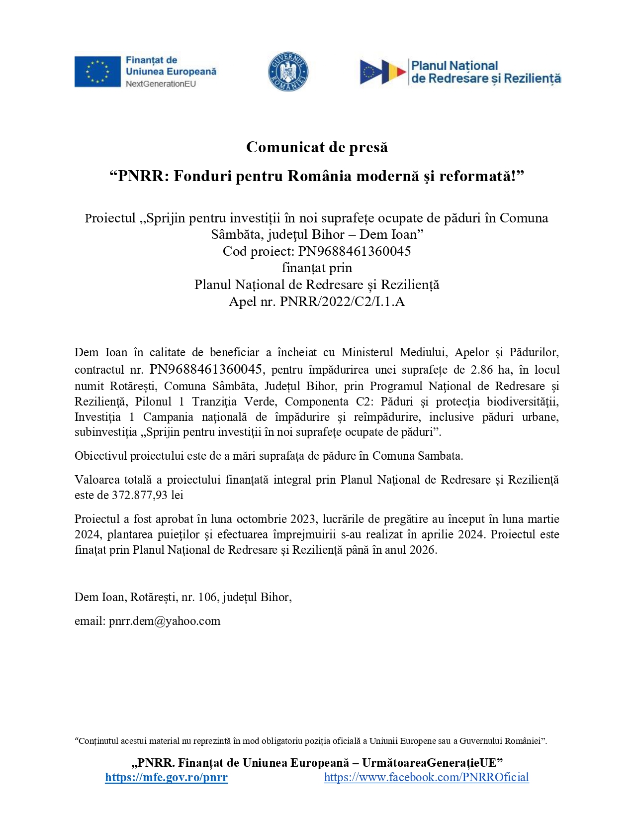 Comunicat de presă în limba română, cu logo-uri în partea de sus, care detaliază un proiect finanțat prin Planul Național de Recuperare și Reziliență pentru sprijinirea infrastructurii rutiere din Sâmbăta, județul Bihor. Link-urile de contact și de site sunt prezentate în partea de jos.