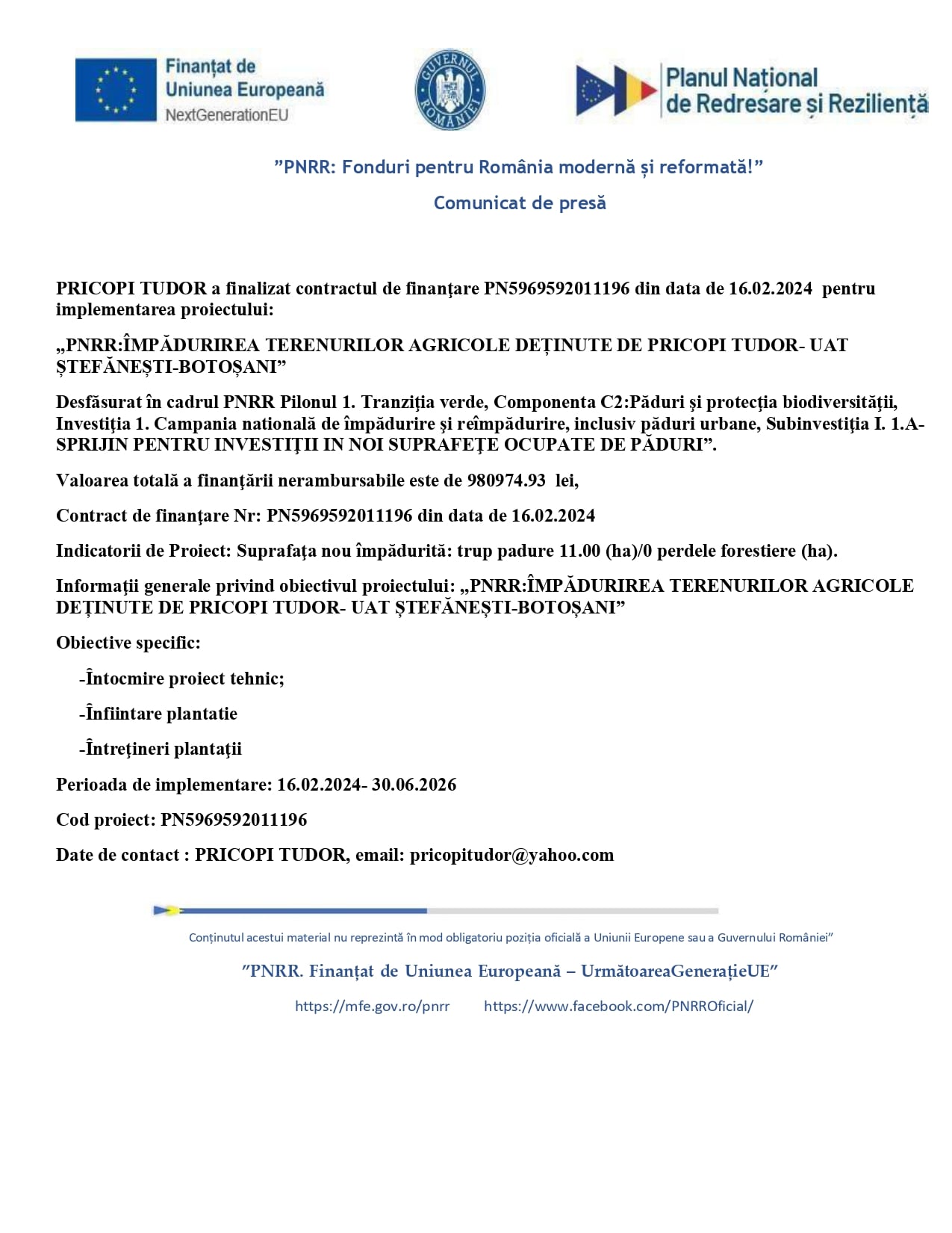 Un document românesc care anunță încheierea unui contract de finanțare pentru un proiect de împădurire a terenurilor agricole în Ștefănești, Botoșani, în cadrul inițiativei PNRR, inclusiv logo-urile oficiale și detaliile proiectului.