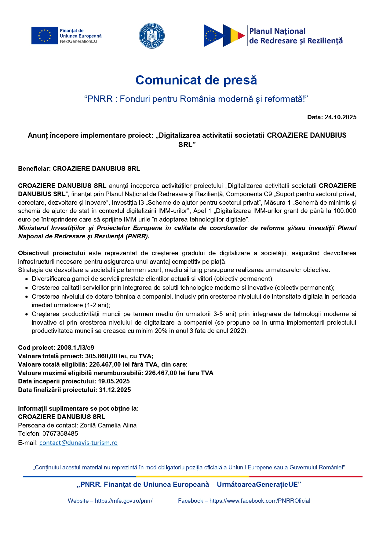 Un comunicat de presă în limba română cu logo-uri oficiale și text care anunță începerea unui proiect de implementare pentru digitalizarea activităților CROAZIER DANUBIUS SRL, în cadrul Planului Național de Recuperare și Reziliență al României.