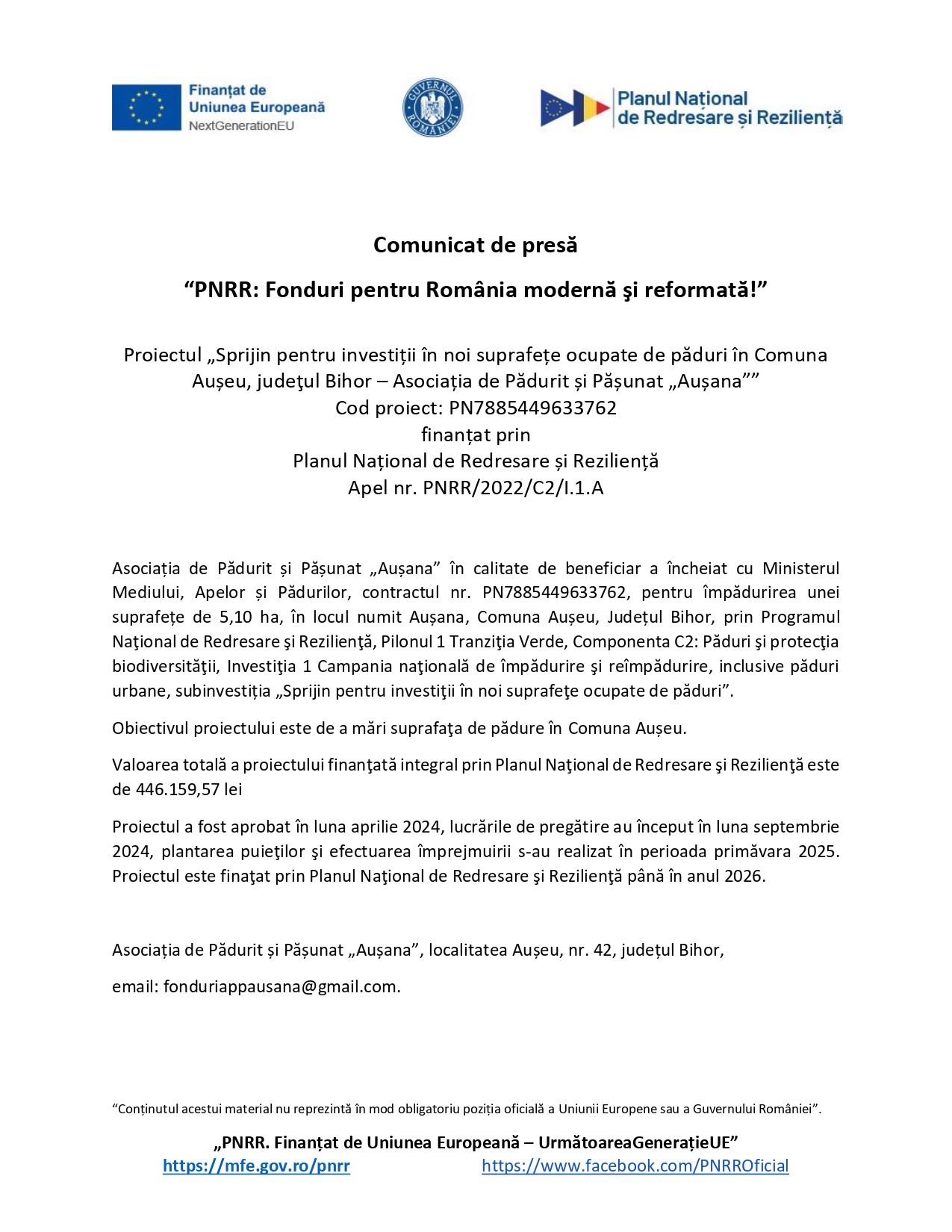 Comunicat de presă în limba română care detaliază un proiect finanțat de Uniunea Europeană, cu logo-uri în partea de sus și blocuri de text care descriu codul proiectului, participanții, obiectivele și informațiile de contact în partea de jos.