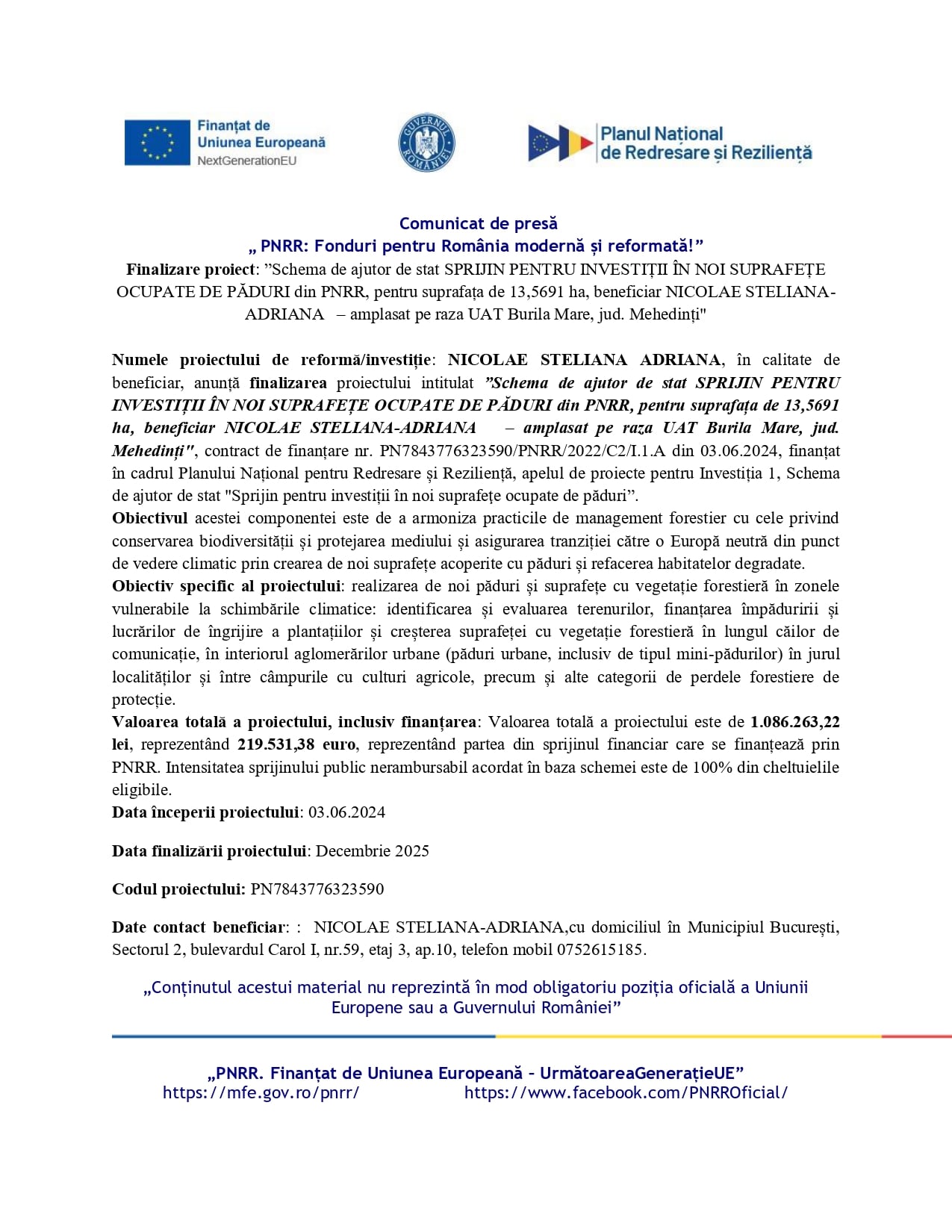Un document românesc de presă cu logo-uri în partea de sus, care detaliază un proiect forestier finanțat de PNRR. Textul explică informații despre beneficiar, finanțare, zona forestieră, obiective și date de contact.