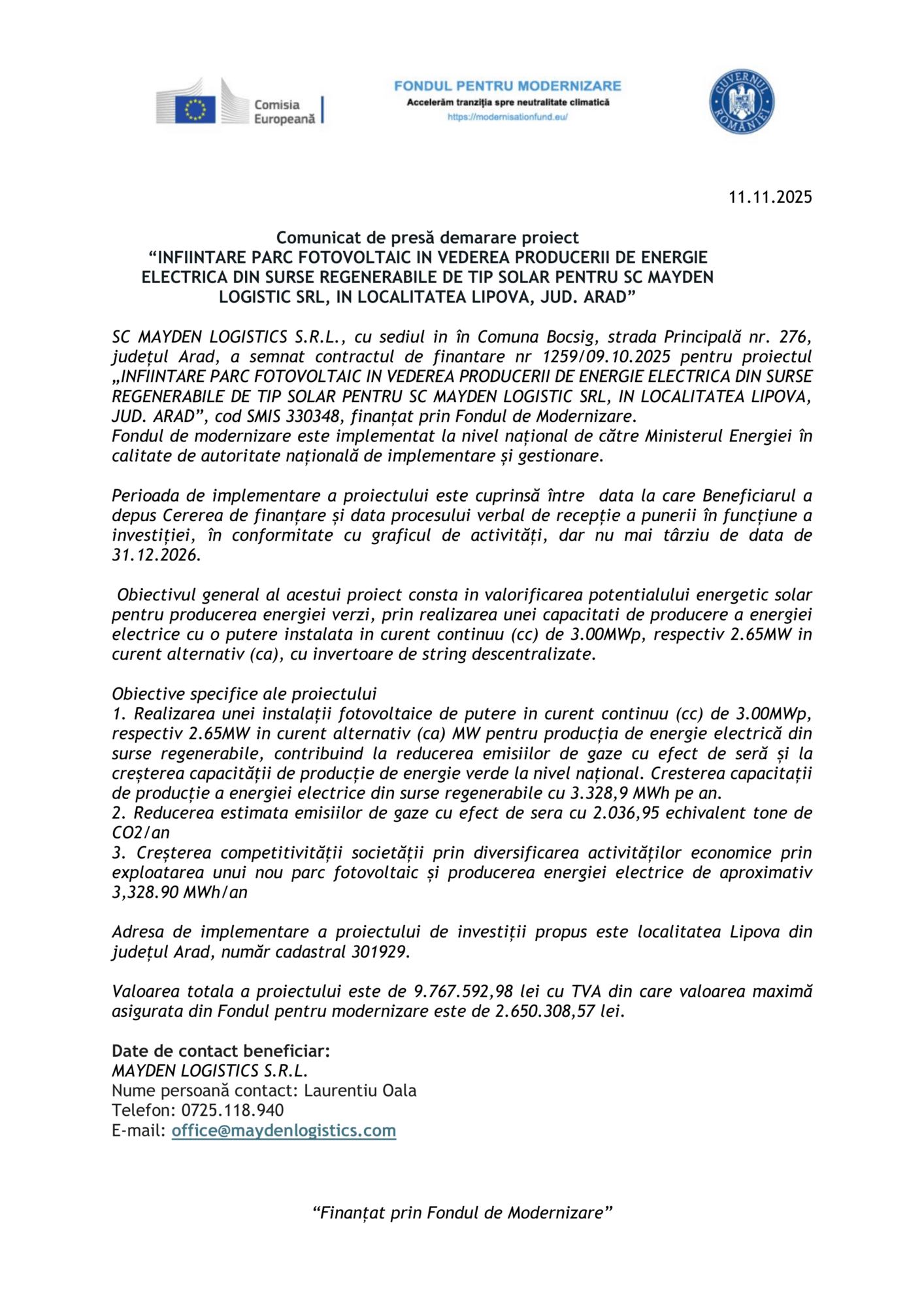 Un comunicat de presă românesc cu logo-uri de top, intitulat "Comunicat de presă demarare proiect", despre finanțarea de către Mayden Logistics SRL a unui parc fotovoltaic pentru Test Product 1 Image Upload NU STERGE, semnat la 11 noiembrie 2025.