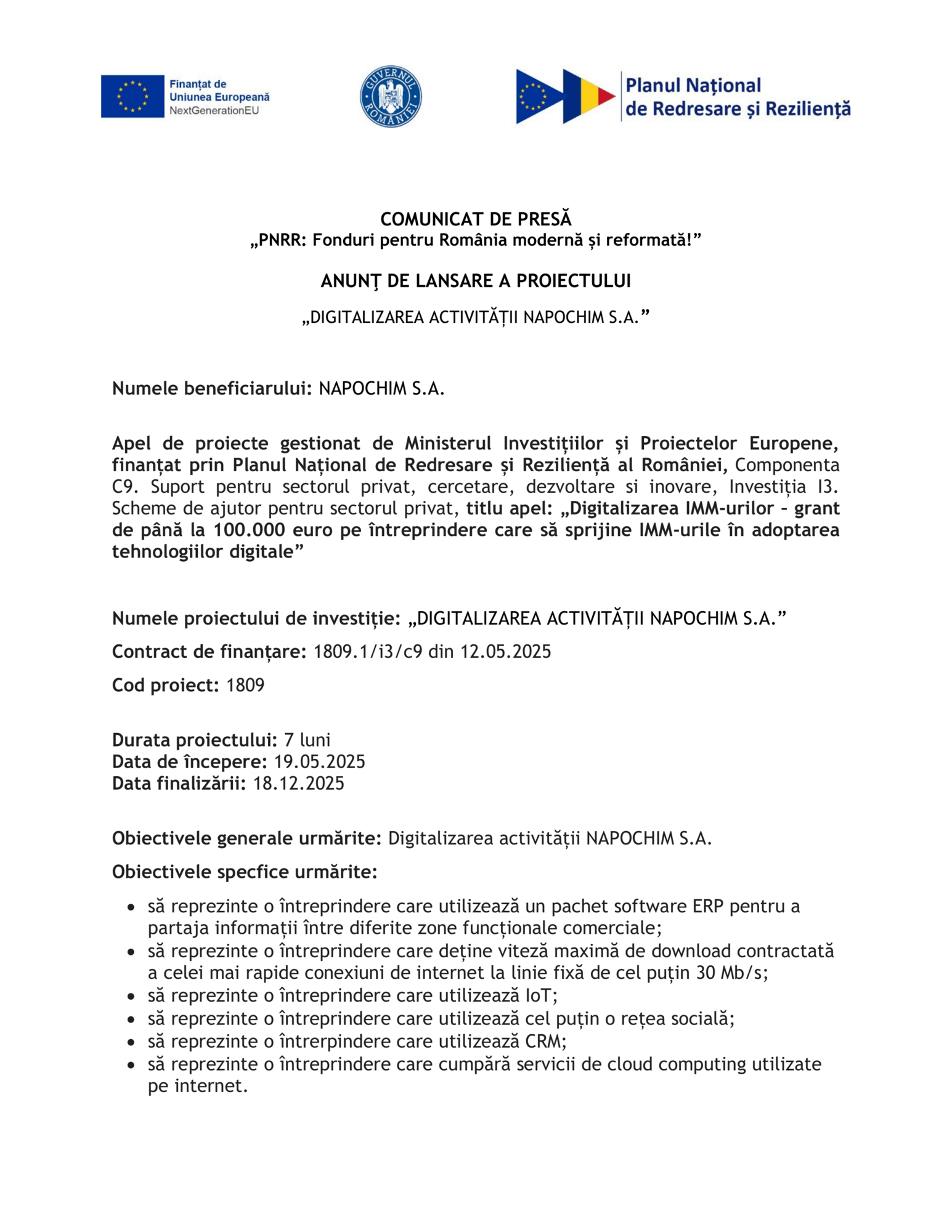 Comunicat de presă care anunță lansarea „Încărcarea imaginii produsului de testare 1 NU STERGE”, detaliind obiectivele, caracteristicile cheie și informațiile privind finanțarea.