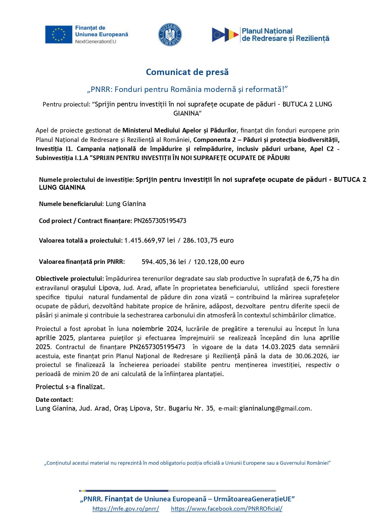Un comunicat de presă românesc al Ministerului Mediului, Apelor și Pădurilor despre o investiție forestieră finanțată prin Planul Național de Recuperare și Reziliență, cu logo-uri și detalii despre proiect în text.