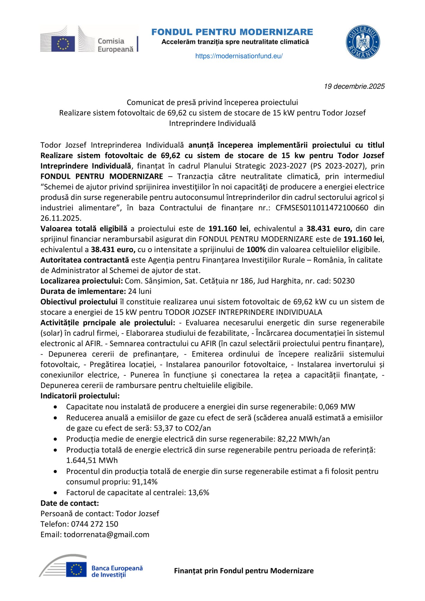 Un document în limba română anunță lansarea "Test Product 1 Image Upload NU STERGE", un proiect fotovoltaic (66,92 kW, 15 kW stocare) al lui Todor Ioszef, finanțat prin Fondul de Modernizare. Acesta conține logo-uri instituționale și date de contact.