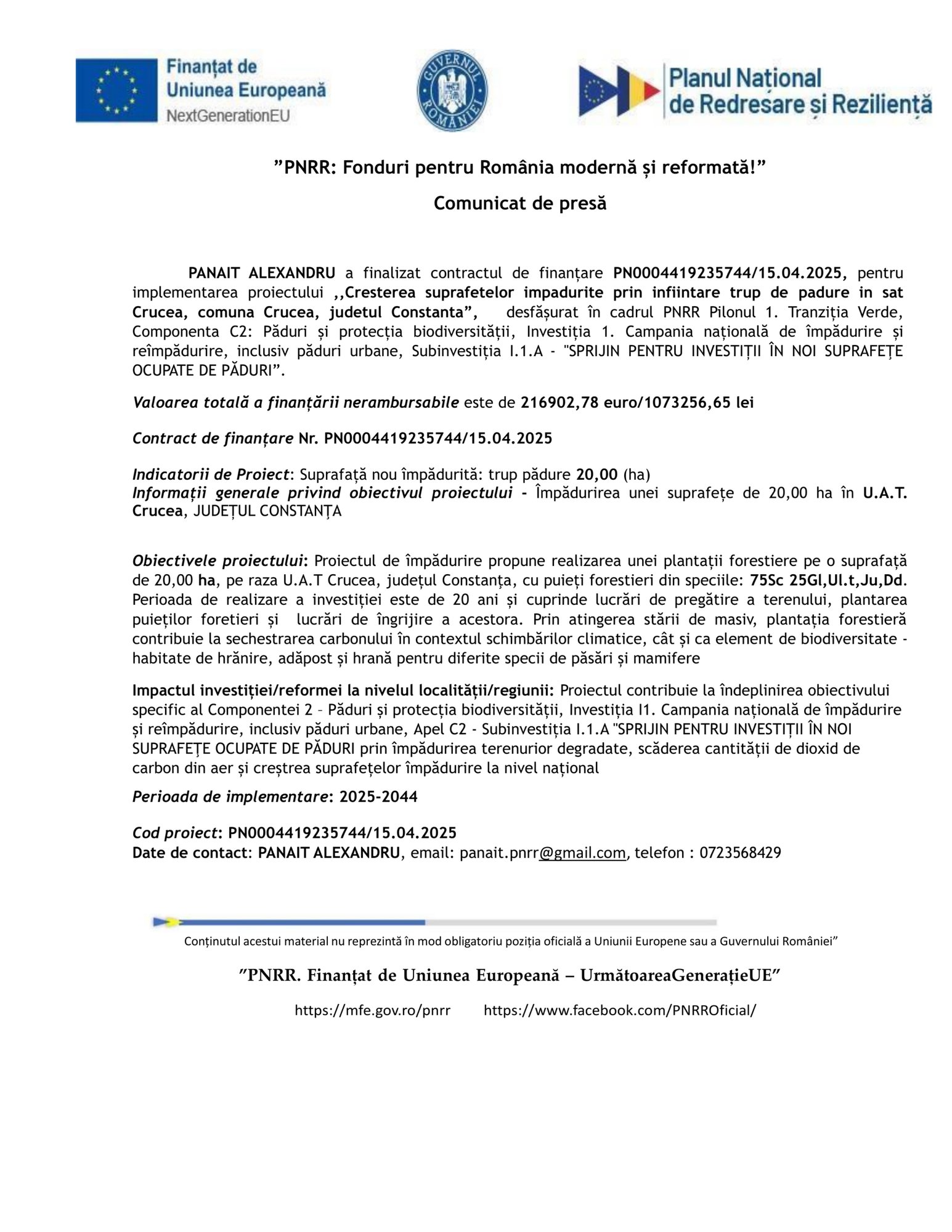 Un comunicat de presă românesc prezintă logo-uri în partea de sus, un titlu despre finanțarea europeană și paragrafe despre "Test Product 1 Image Upload NU STERGE", un proiect de împădurire finanțat. În partea de jos apare un tabel cu detaliile financiare ale proiectului.