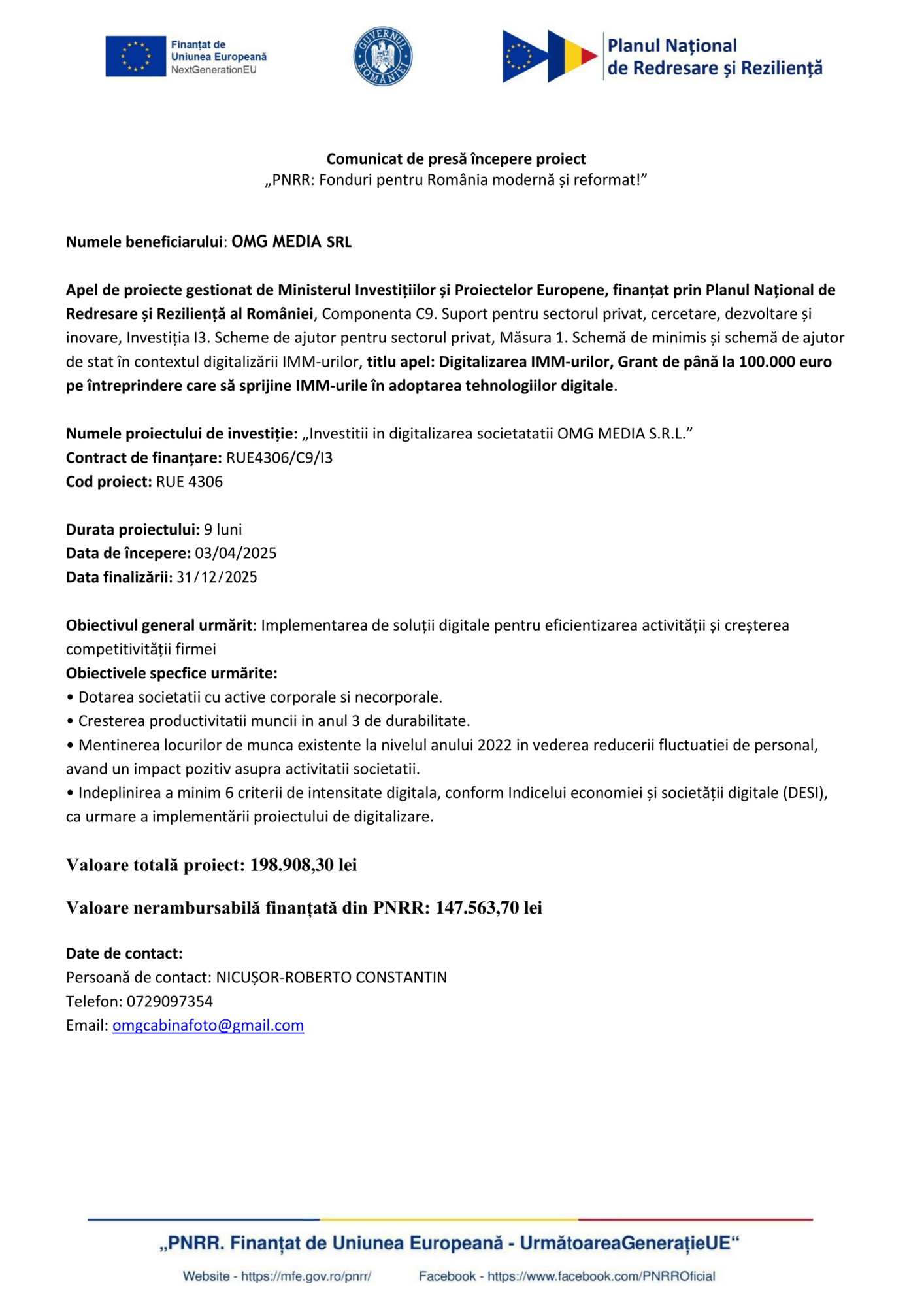 Un comunicat de presă românesc care anunță lansarea proiectului "Test Product 1 Image Upload NU STERGE", finanțat de Facilitatea de redresare și reziliență a UE, cu beneficiar, titlul proiectului, valoare, termene limită, informații despre cofinanțare și logo-uri oficiale.