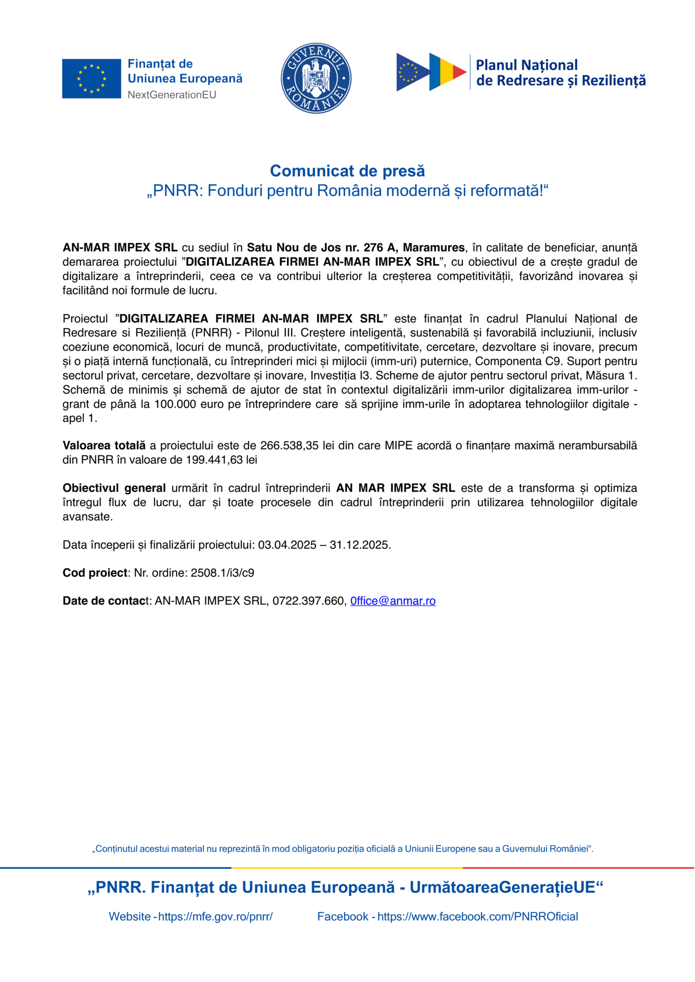 Comunicat de presă în română de la AN-MAR IMPEX SRL privind finanțarea UE pentru digitalizare, cu logo-uri oficiale și date de contact. Produs: Test Product 1 Image Upload NU STERGE.