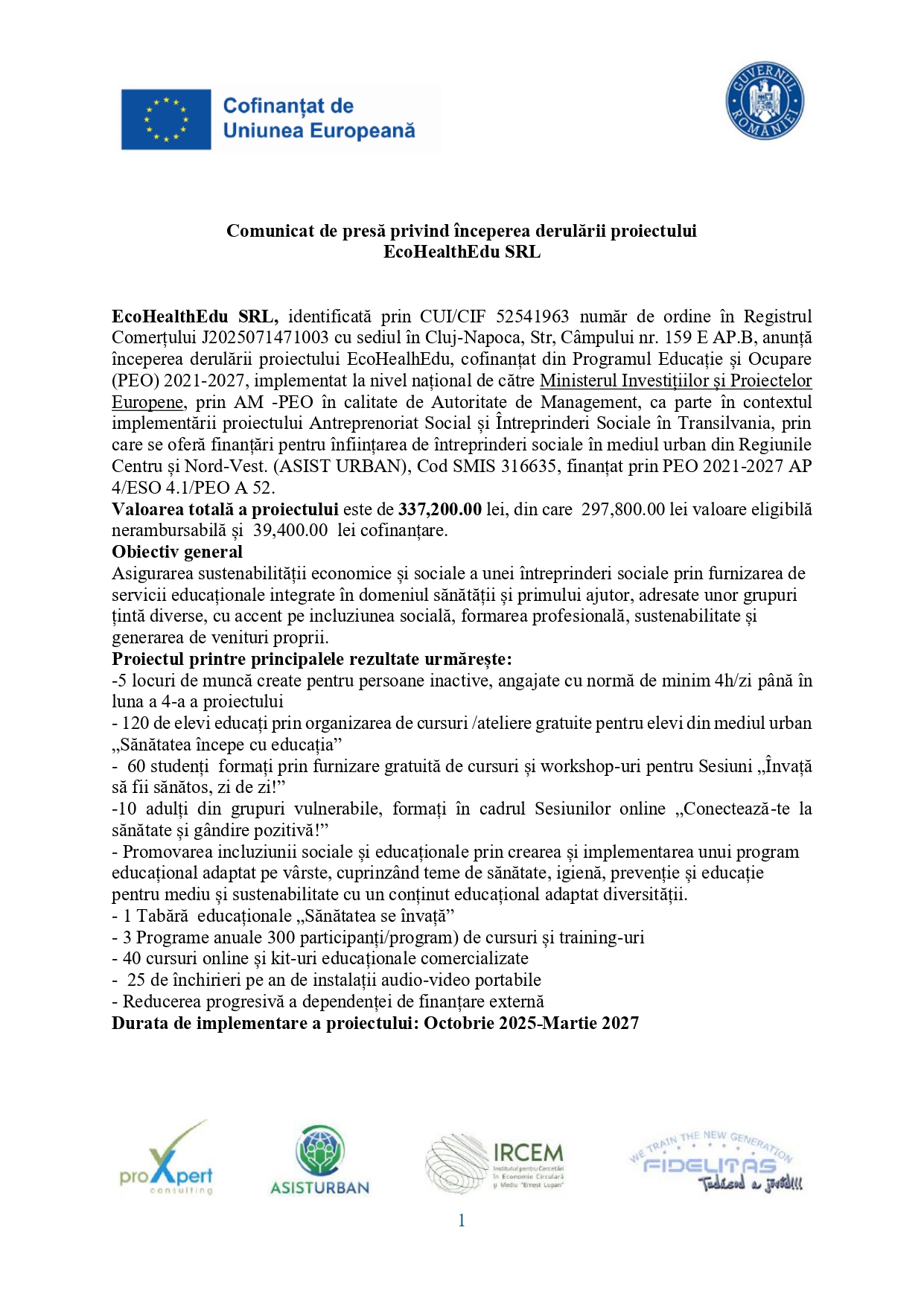 Un document de presă în limba română cu logo-urile Uniunii Europene și ale mai multor organizații în partea de sus, care anunță începerea unui proiect EcoHealthEdu SRL. Textul cuprinde detalii despre proiect, finanțare și obiective.