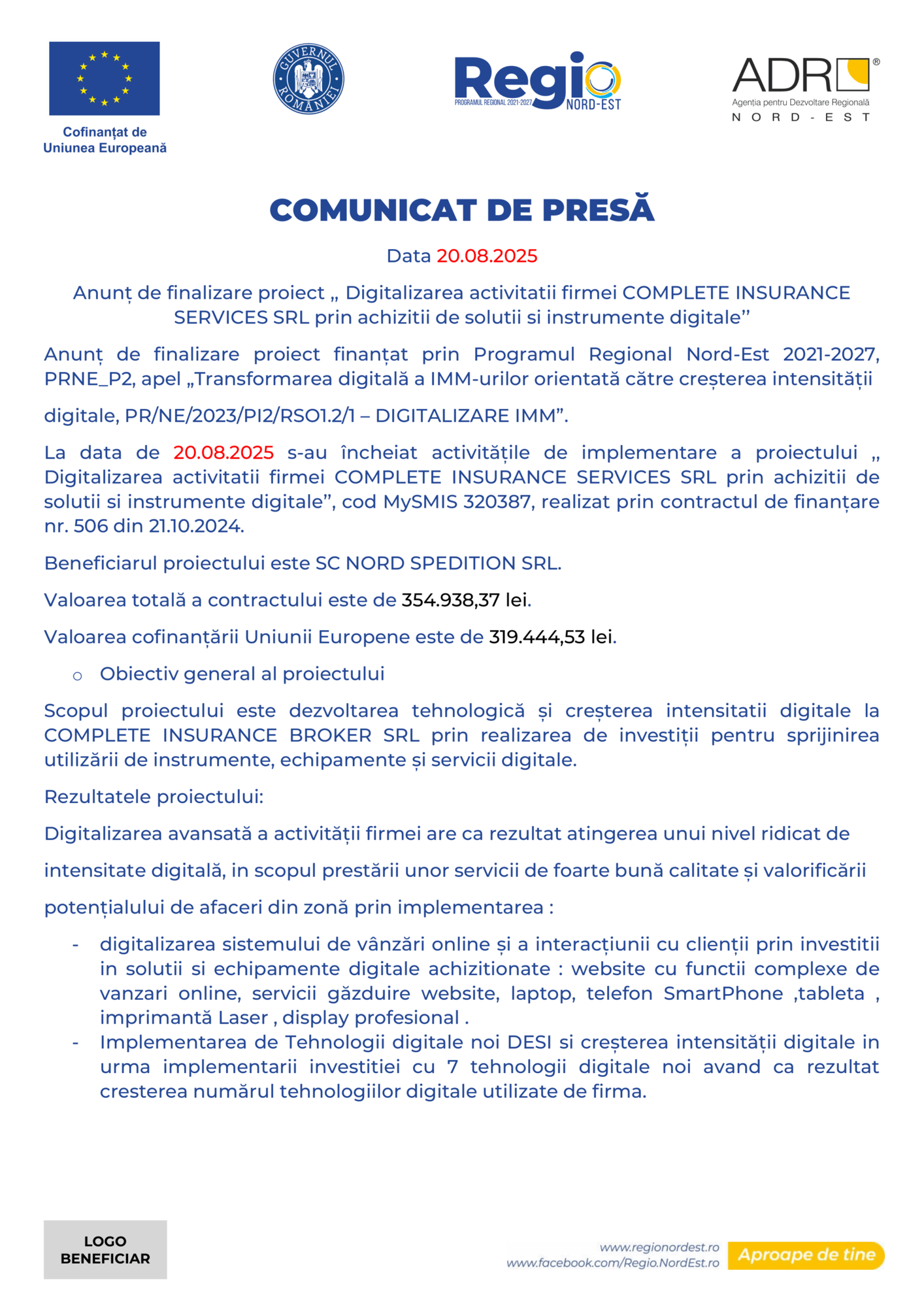 Un comunicat de presă românesc anunță finalizarea proiectului de digitalizare "Test Product 1 Image Upload NU STERGE" pentru COMPLETE INSURANCE SERVICES SRL, menționând valoarea acestuia, valoarea grantului și calendarul. Logourile apar în partea de sus și de jos.