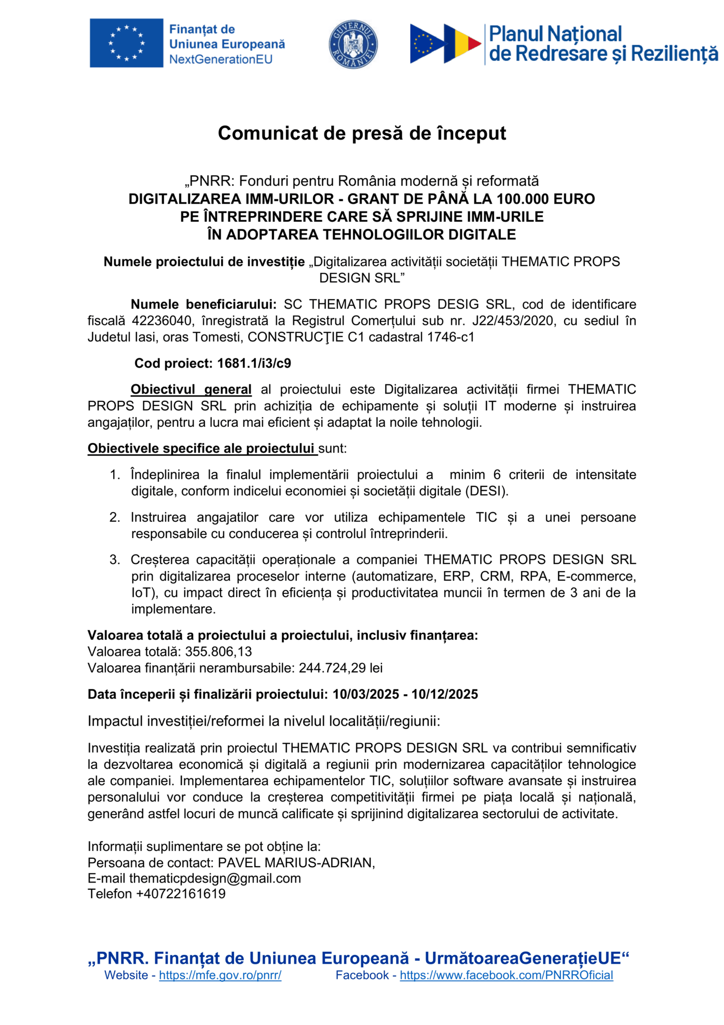 Un comunicat de presă românesc cu siglele UE intitulat "Comunicată de presă de început", detaliază un grant de digitalizare pentru Test Product 1 Image Upload NU STERGE, enumerând numele proiectului, beneficiarul și obiectivele. Banner albastru în partea de jos.