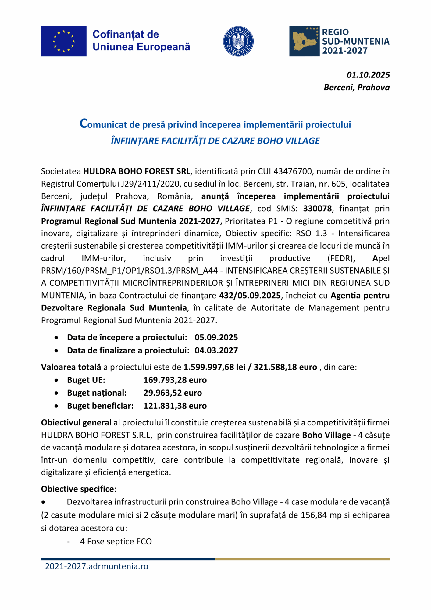 Un comunicat de presă românesc cu siglele UE și Regio Sud-Muntenia anunță lansarea proiectului "Test Product 1 Image Upload NU STERGE", detaliind obiectivele, finanțarea și datele de contact.
