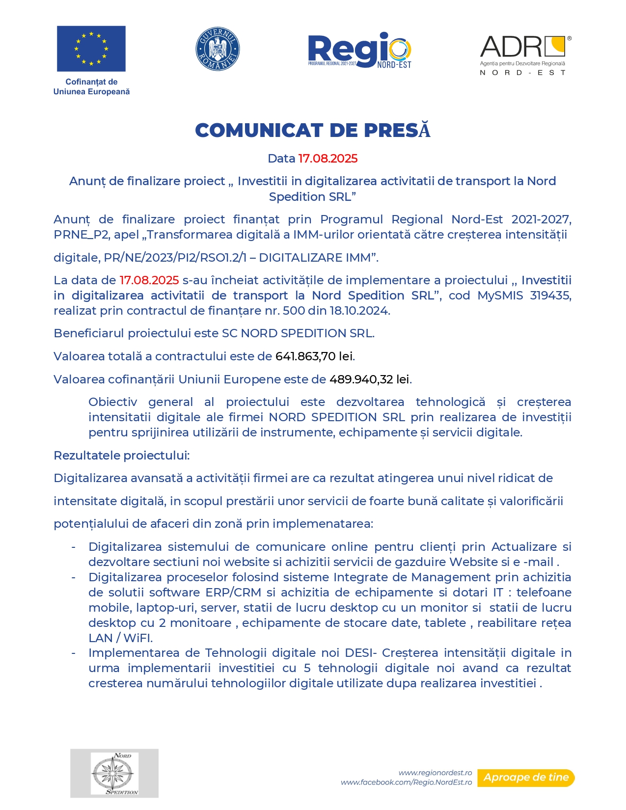 Comunicat de presă în limba română despre finalizarea unui proiect de digitalizare a activităților de transport de către Nord Spedition SRL, cu logo-uri, text și detalii oficiale despre finanțare și rezultatele proiectului.