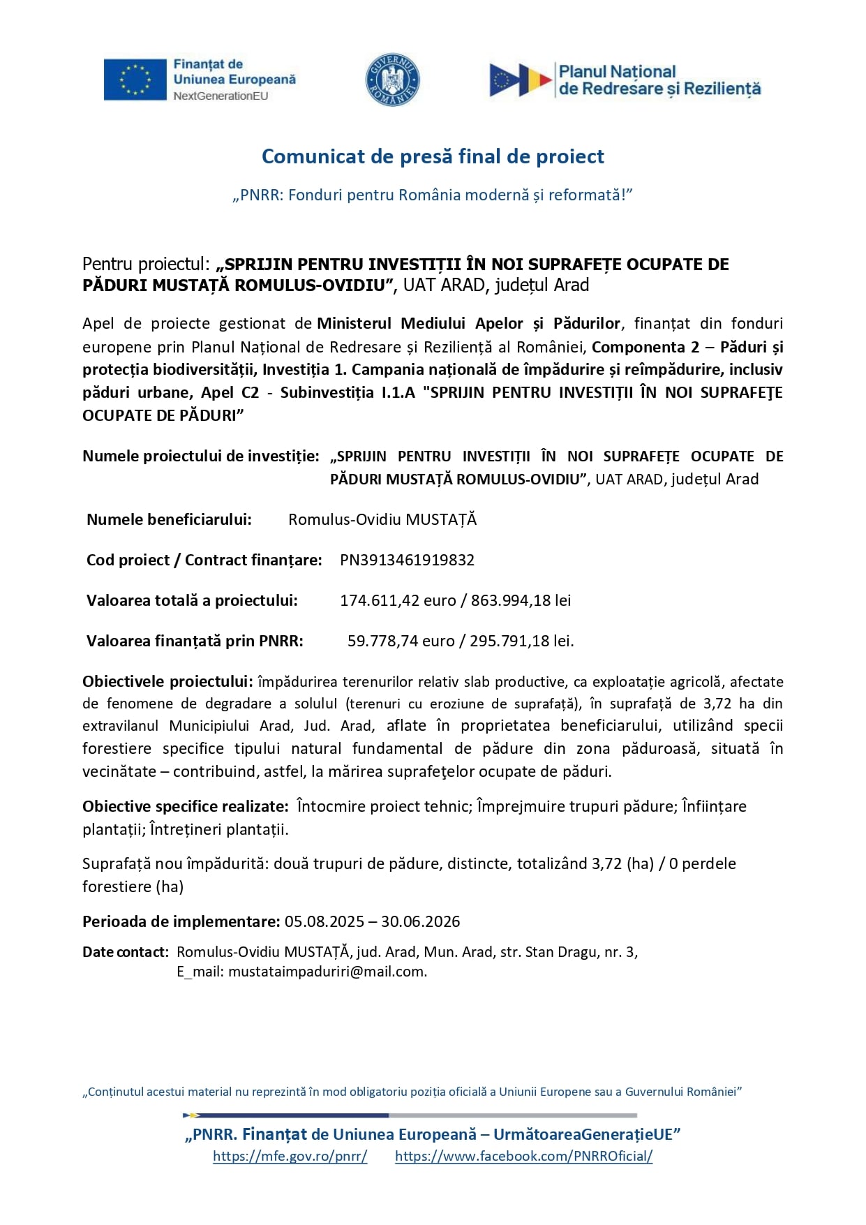 Comunicat de presă în limba română cu sigla guvernului și a Uniunii Europene în partea de sus, titlul proiectului, detalii despre finanțare și informații de contact, toate prezentate într-un format formal, cu mult text și evidențiere albastră.