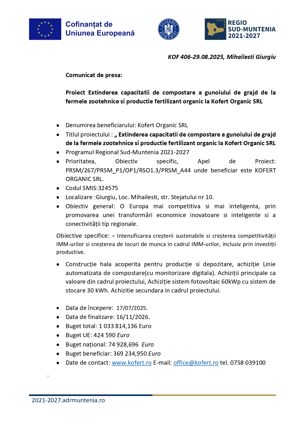 Document oficial în limba română, cu siglele Uniunii Europene și regionale, care detaliază un proiect de extindere a capacității de compost la o fermă zootehnică de către Kofer Organic SRL, inclusiv obiective, termene limită și informații de contact.