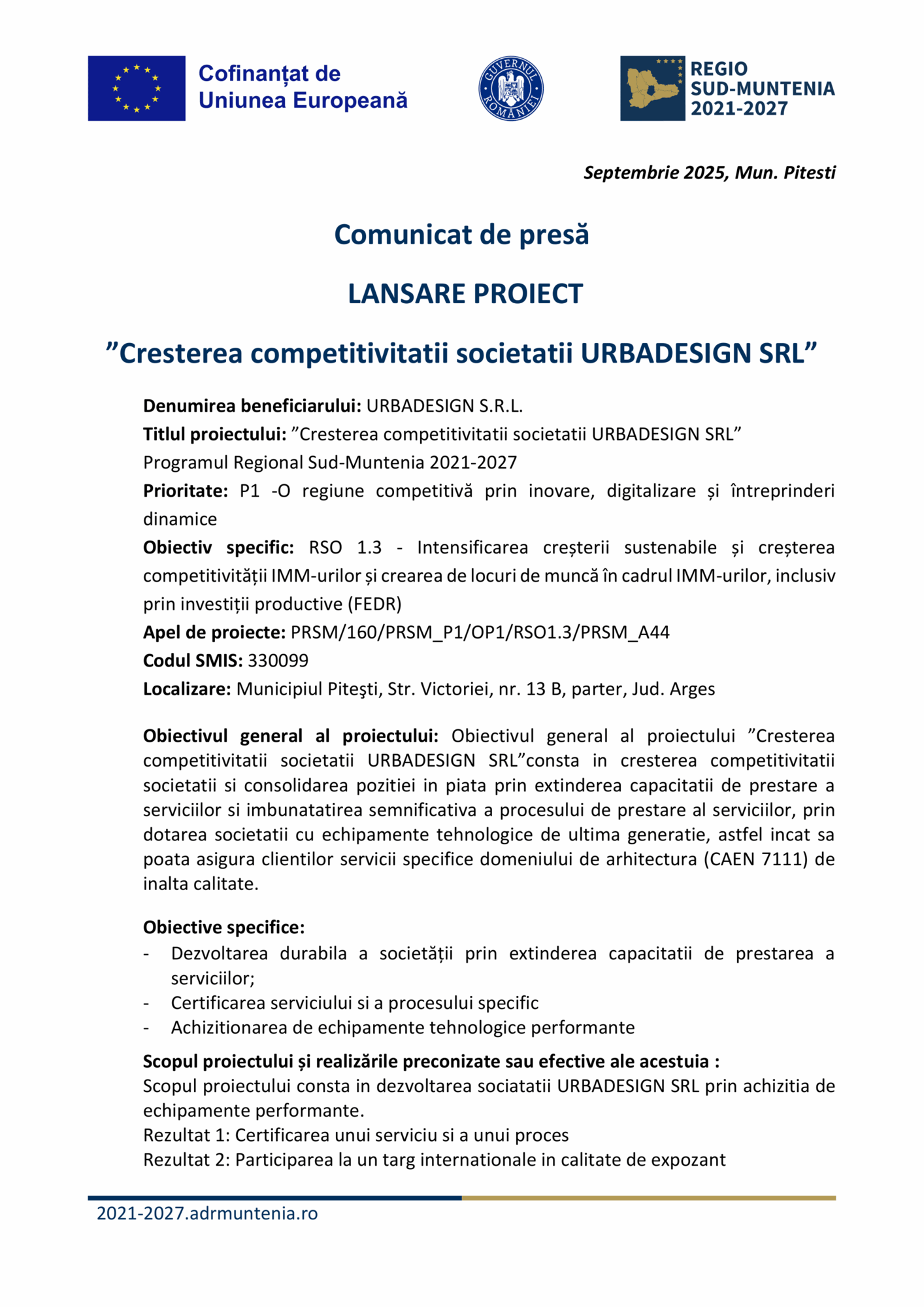 Un comunicat de presă românesc anunță lansarea "Test Product 1 Image Upload NU STERGE" pentru a stimula competitivitatea URBADESIGN SRL, detaliind obiectivele, finanțarea, contactele și afișând logo-urile programelor UE și regionale.