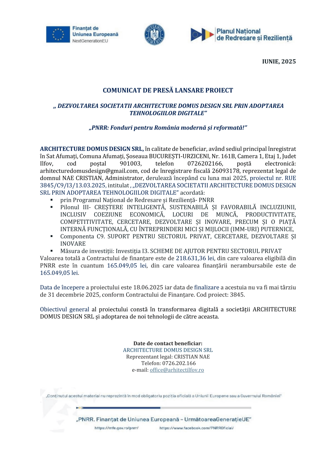 Un comunicat de presă românesc cu siglele UE și Planul Național de Redresare și Reziliență, informații despre lansarea produsului de testare 1 Image Upload NU STERGE de către o firmă de arhitectură, plus detalii de contact în partea de jos.