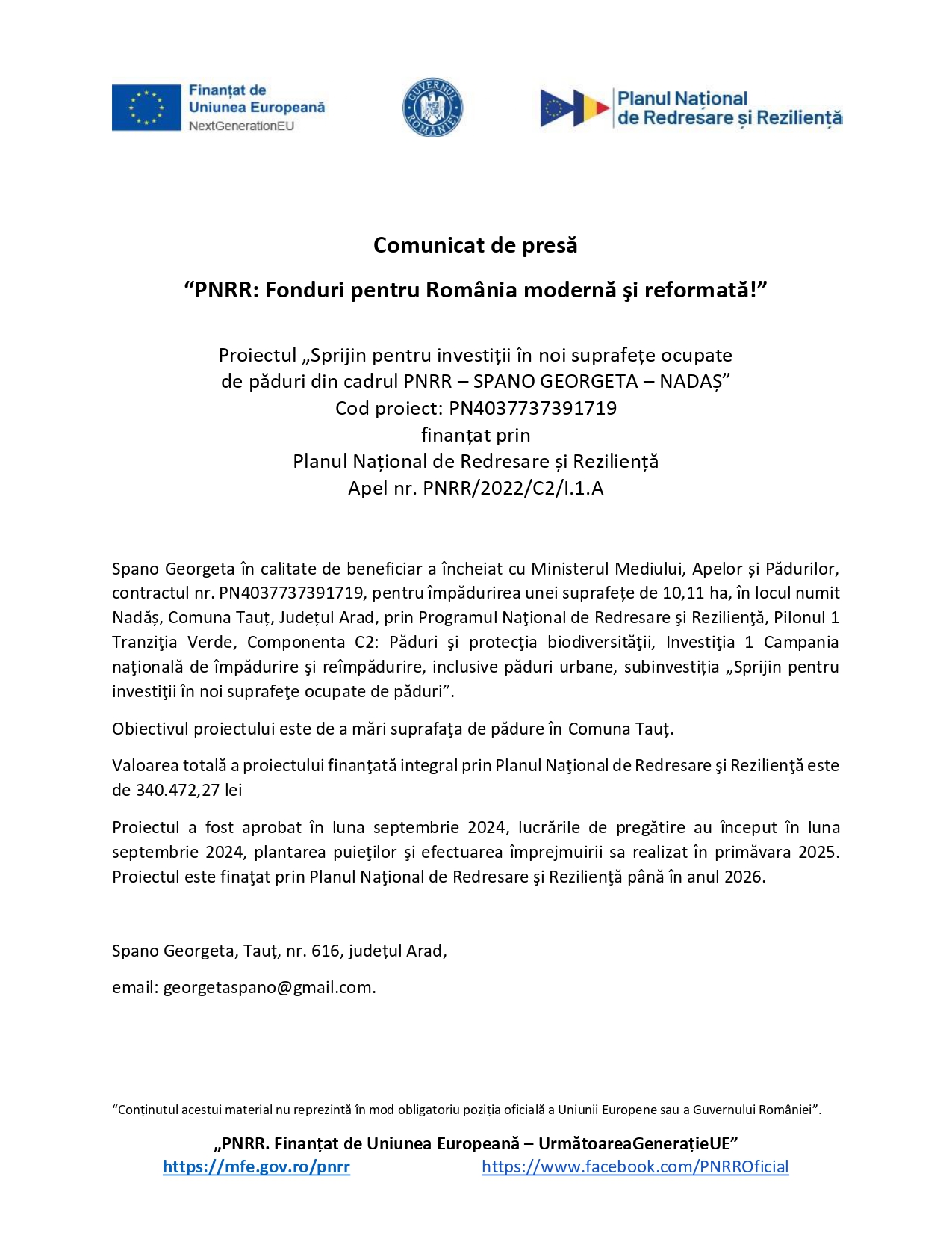 Un comunicat de presă românesc despre "PNRR: Fonduri pentru o Românie modernă și reformată" referitor la un proiect de investiții pentru terenuri neutilizate, prezentând detalii de contact, coduri de proiect și diverse logo-uri în partea de sus.