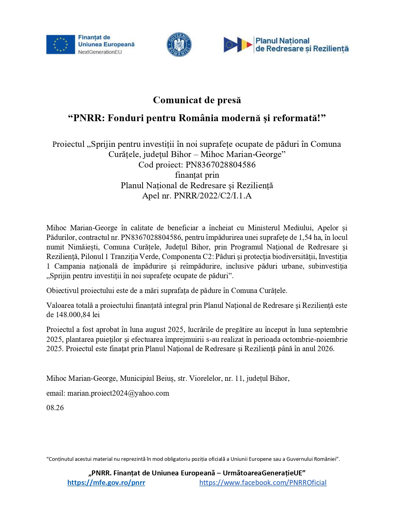 Comunicat de presă în limba română despre un proiect finanțat de PNRR pentru sprijinirea investițiilor în zonele împădurite din Curățele, Bihor. Documentul conține logo-uri oficiale, detalii despre proiect și informații de contact.