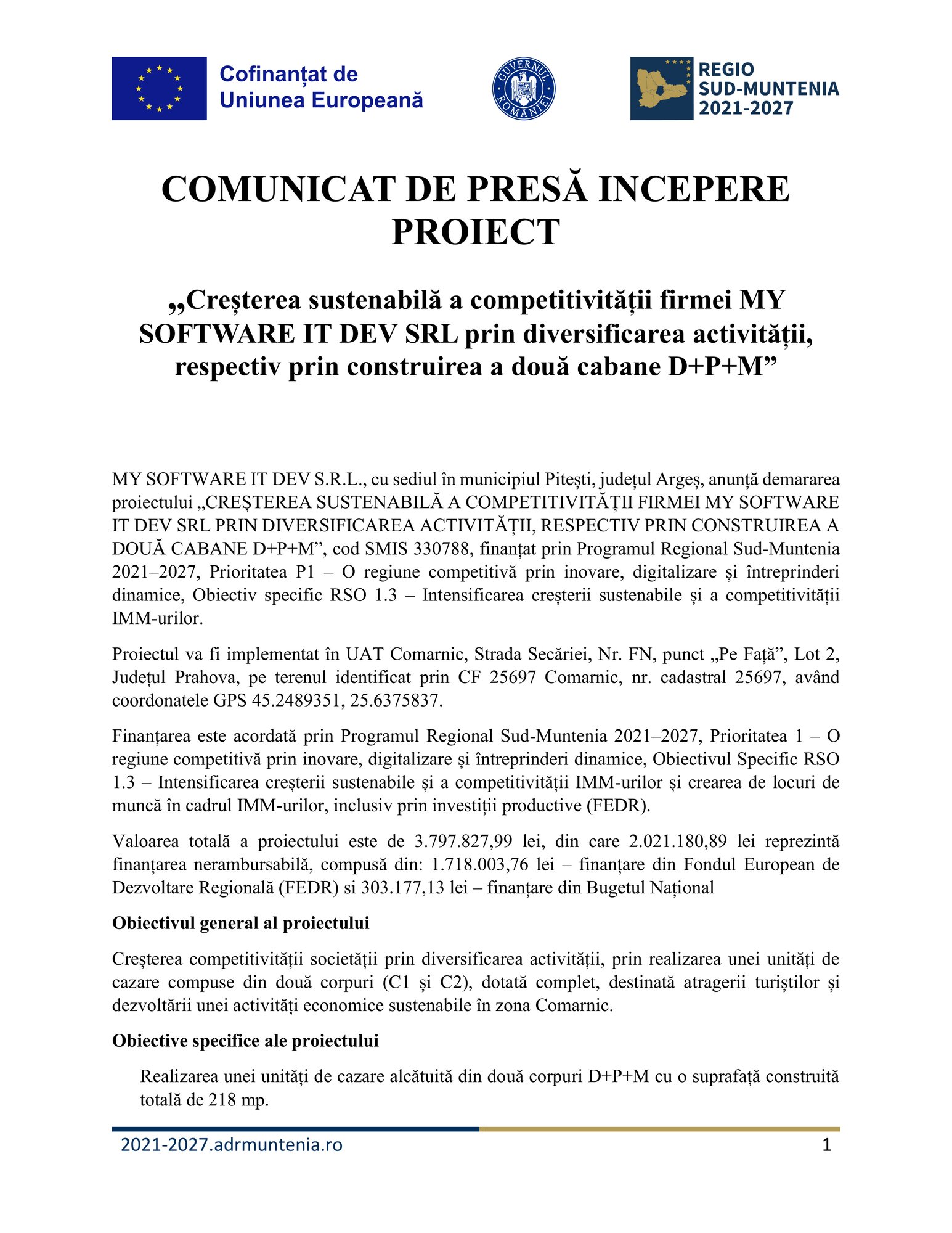 Un comunicat de presă românesc cu logo-urile Uniunii Europene și Regio în partea de sus anunță lansarea unui proiect pentru Test Product 1 Image Upload NU STERGE, destinat diversificării afacerilor și creșterii durabile.