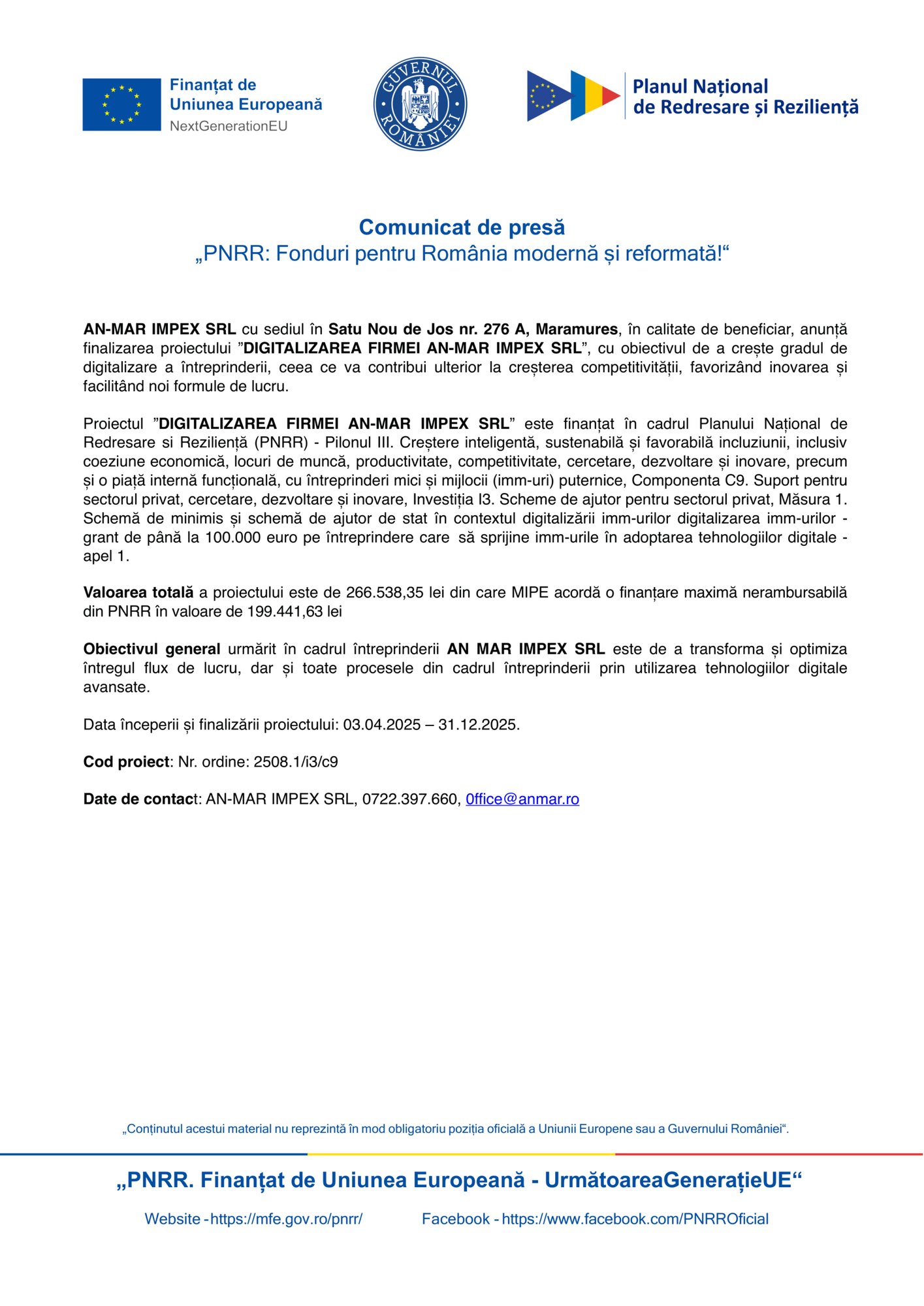 Comunicat de presă în limba română despre finalizarea proiectului "Test Product 1 Image Upload NU STERGE" de către AN-MAR IMPEX SRL, finanțat din fonduri europene; detalii despre obiective, valoare și date de contact incluse.