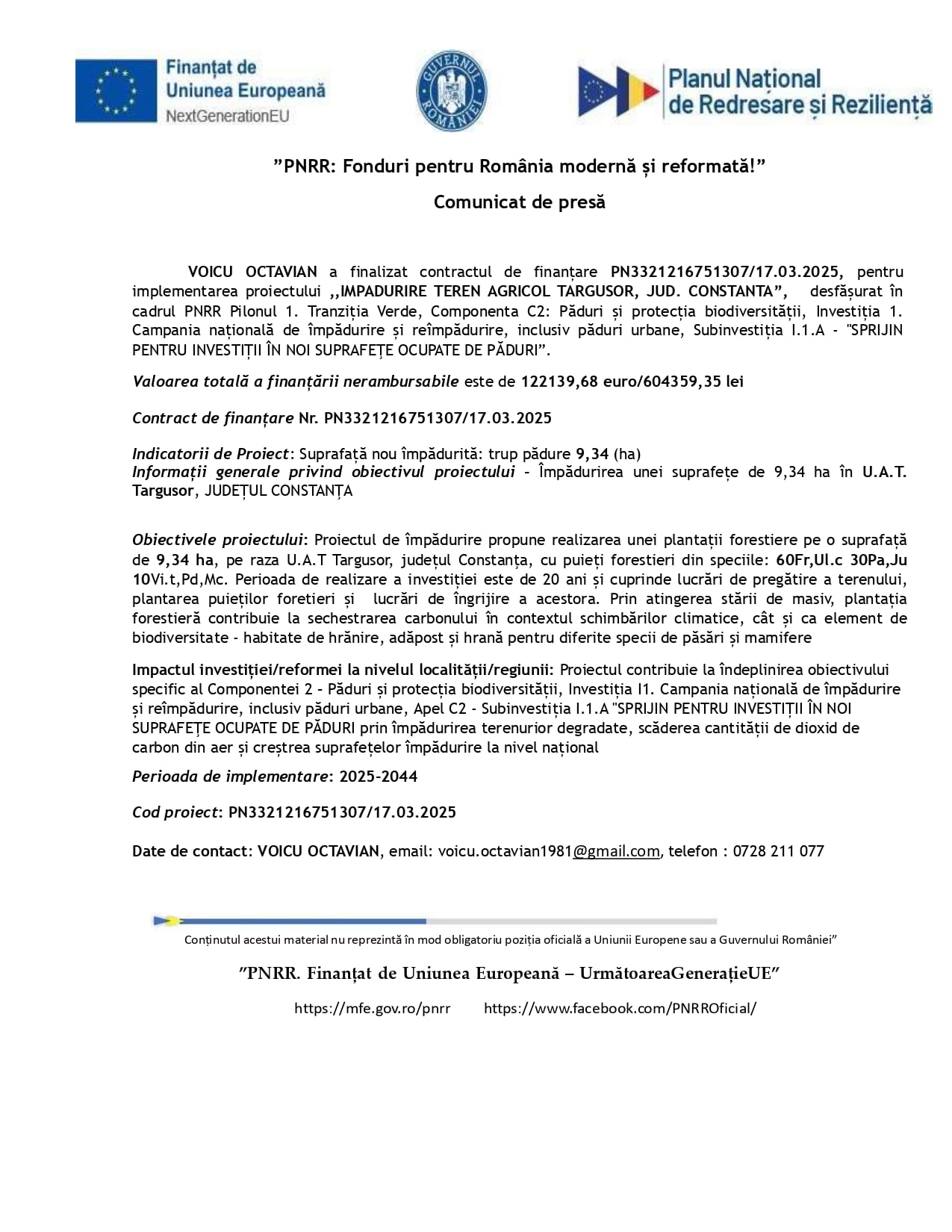 Un comunicat de presă românesc care prezintă logo-uri oficiale și text despre finalizarea finanțării proiectului privind îmbunătățirea terenurilor agricole din Constanța, în cadrul programului PNRR.