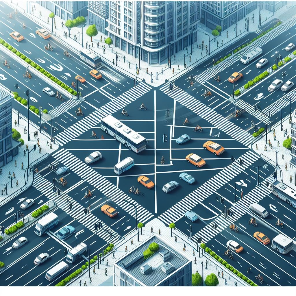 A crosswalk with cars and people in the middle, captured for traffic monitoring purposes.