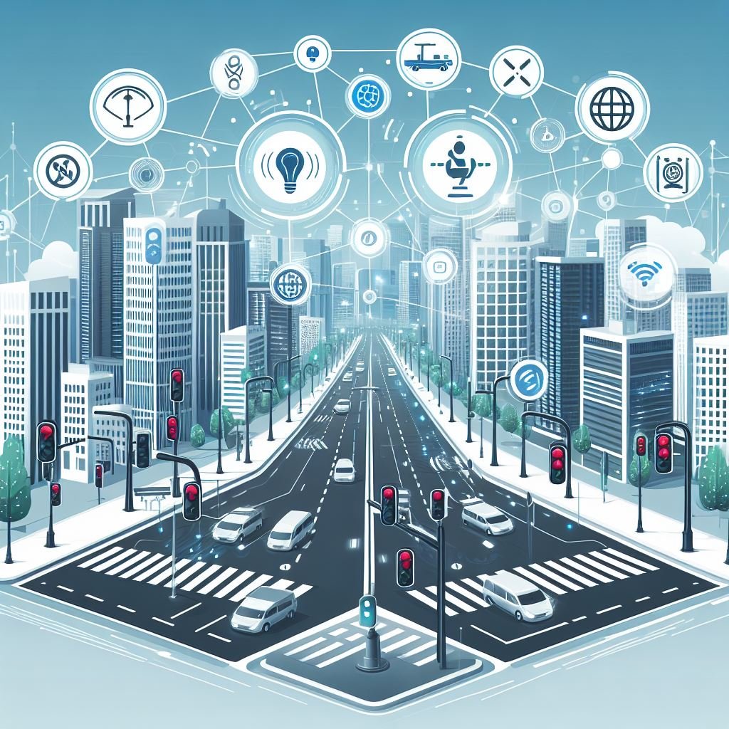 A city street with traffic lights and icons, featuring traffic detection for congestion and highway traffic monitoring.