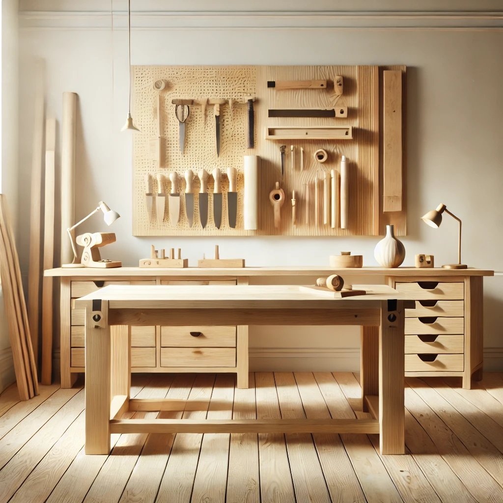 Stolarstwo: narzędzia na ścianie w warsztacie.