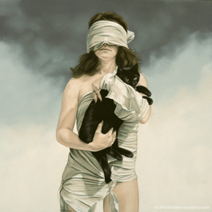 Schilderij 'Bevrijding voorspeld' van Ans Markus uit de collectie 'Windsels & maskers', gemaakt in 1985 in de afmeting 80x100.