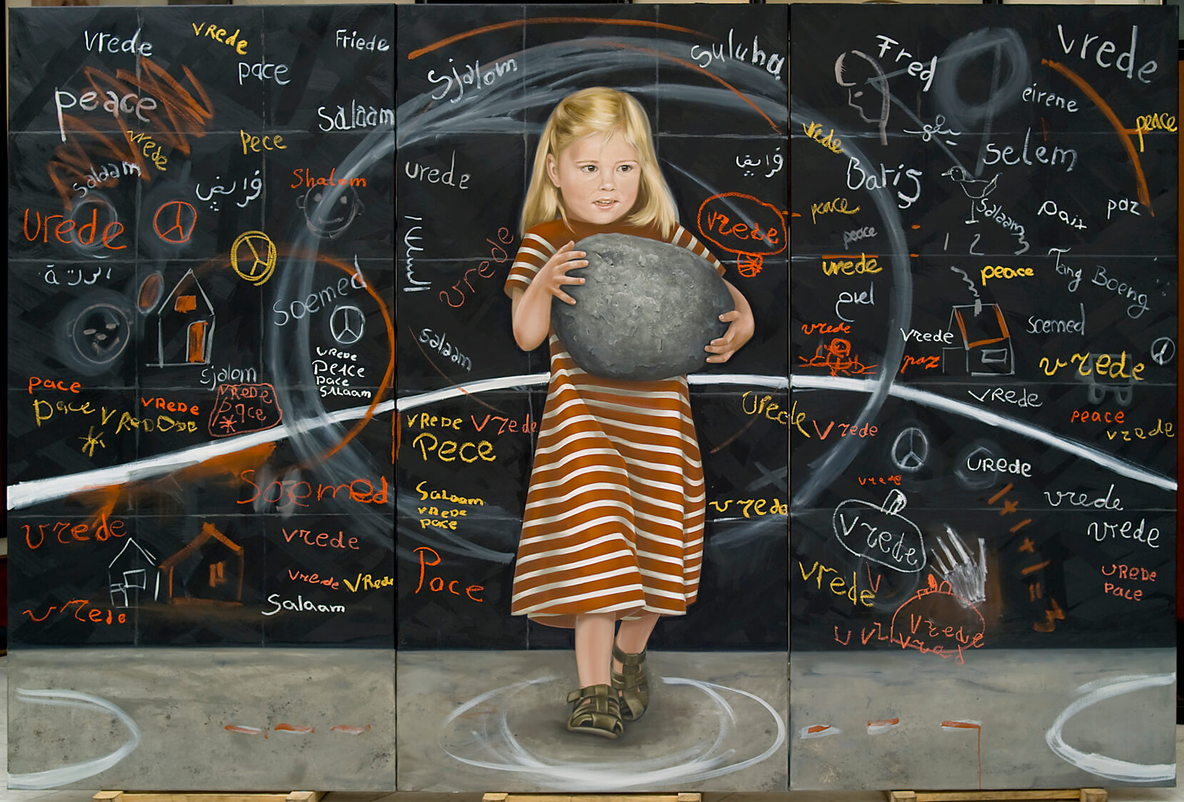 Schilderij van Prinses Amalia met een bouwsteen van vrede