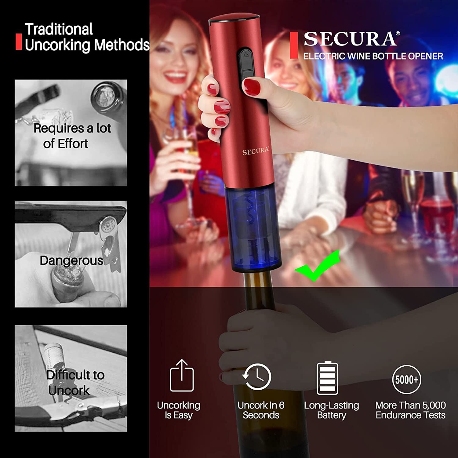 Secura Electric Wine Opener – Rechargeable (Red) - Image 2