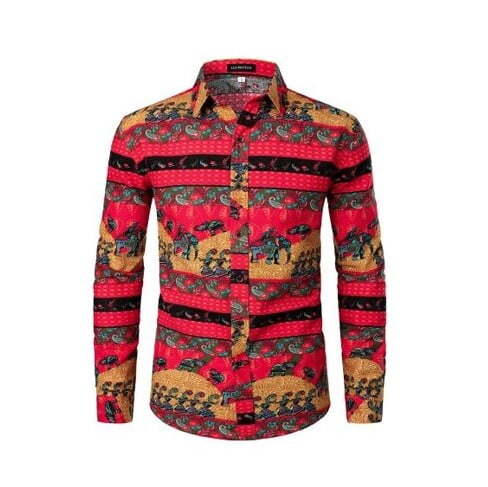 LucMatton Linen African Traditional Printed Long Sleeve Shirt