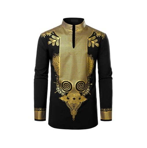 LucMatton Men's Metallic Gold Dashiki – Black Shirt