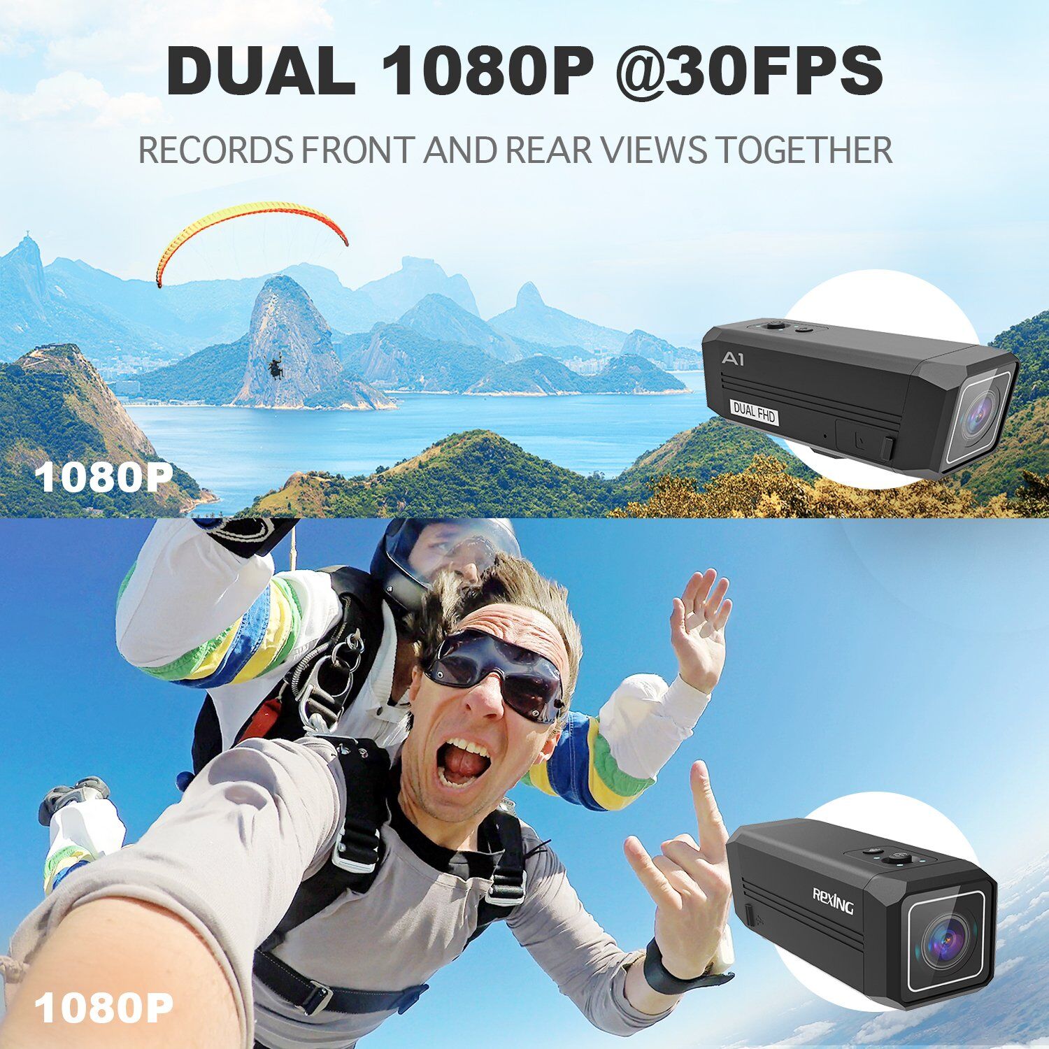 Rexing A1 Two Way Action Camera - Front & Back - Image 2