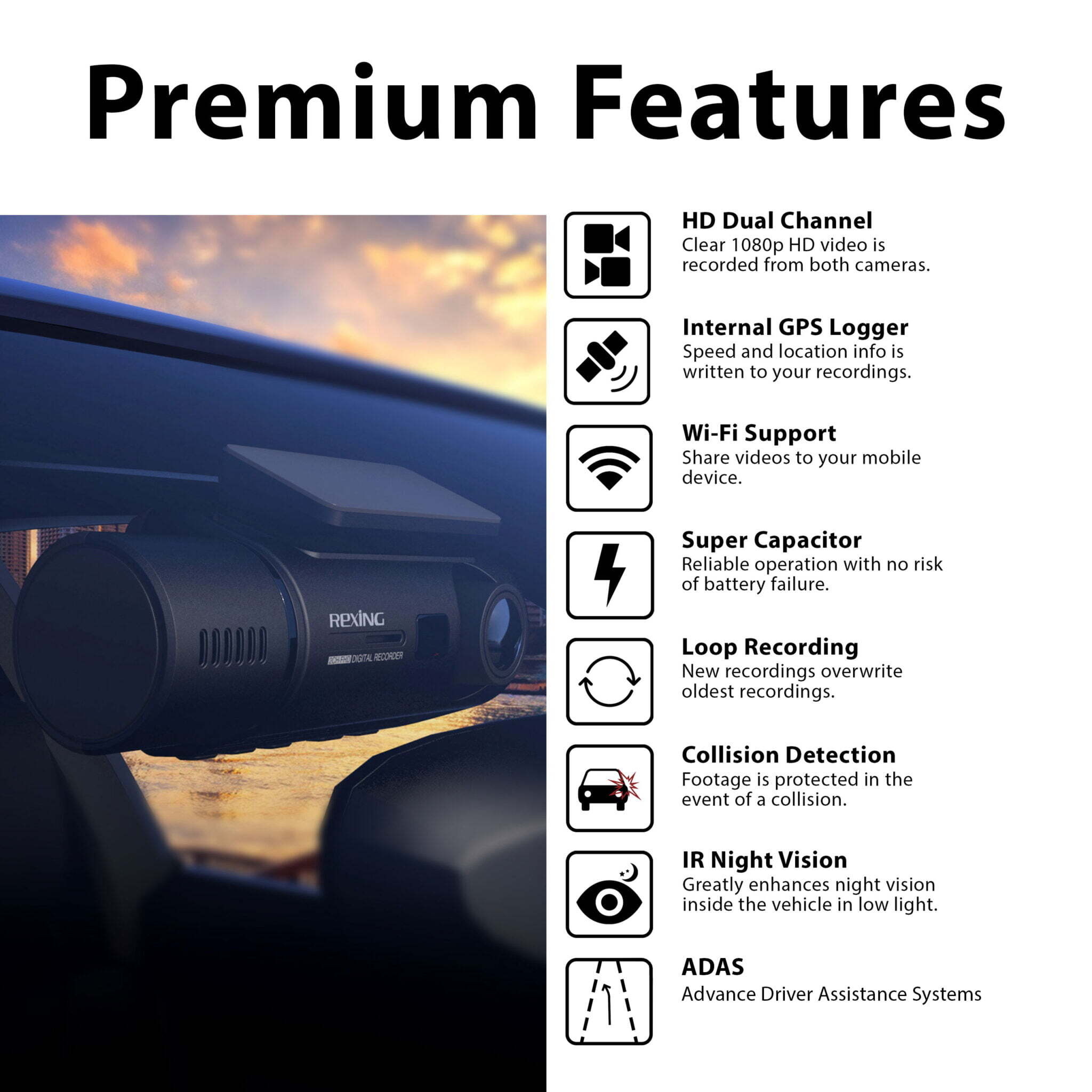 Rexing V3 Dual‑Channel Dash Cam Bundle - Image 4